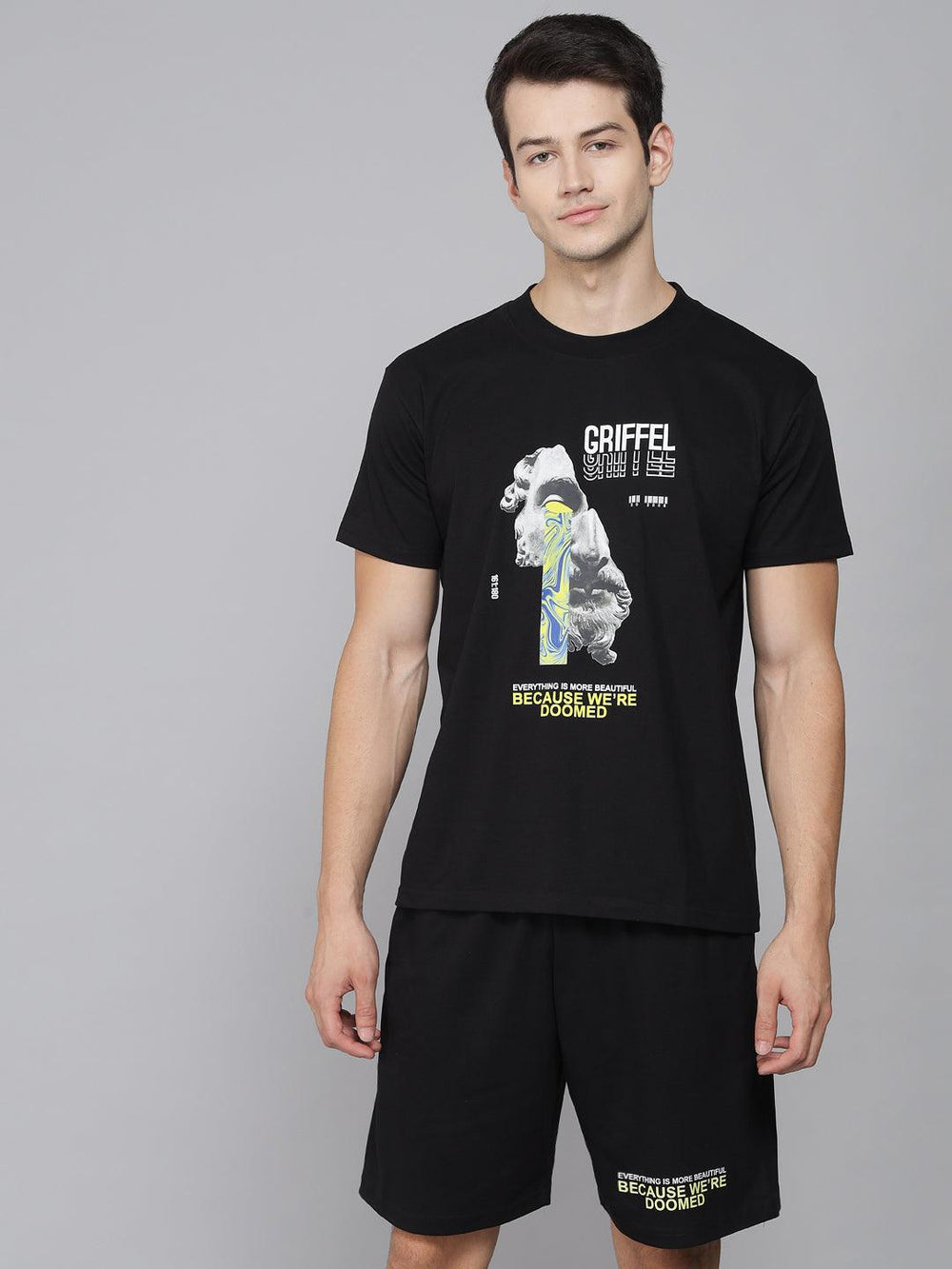GRIFFEL Men Printed Black Regular fit T-shirt and Short Set - griffel