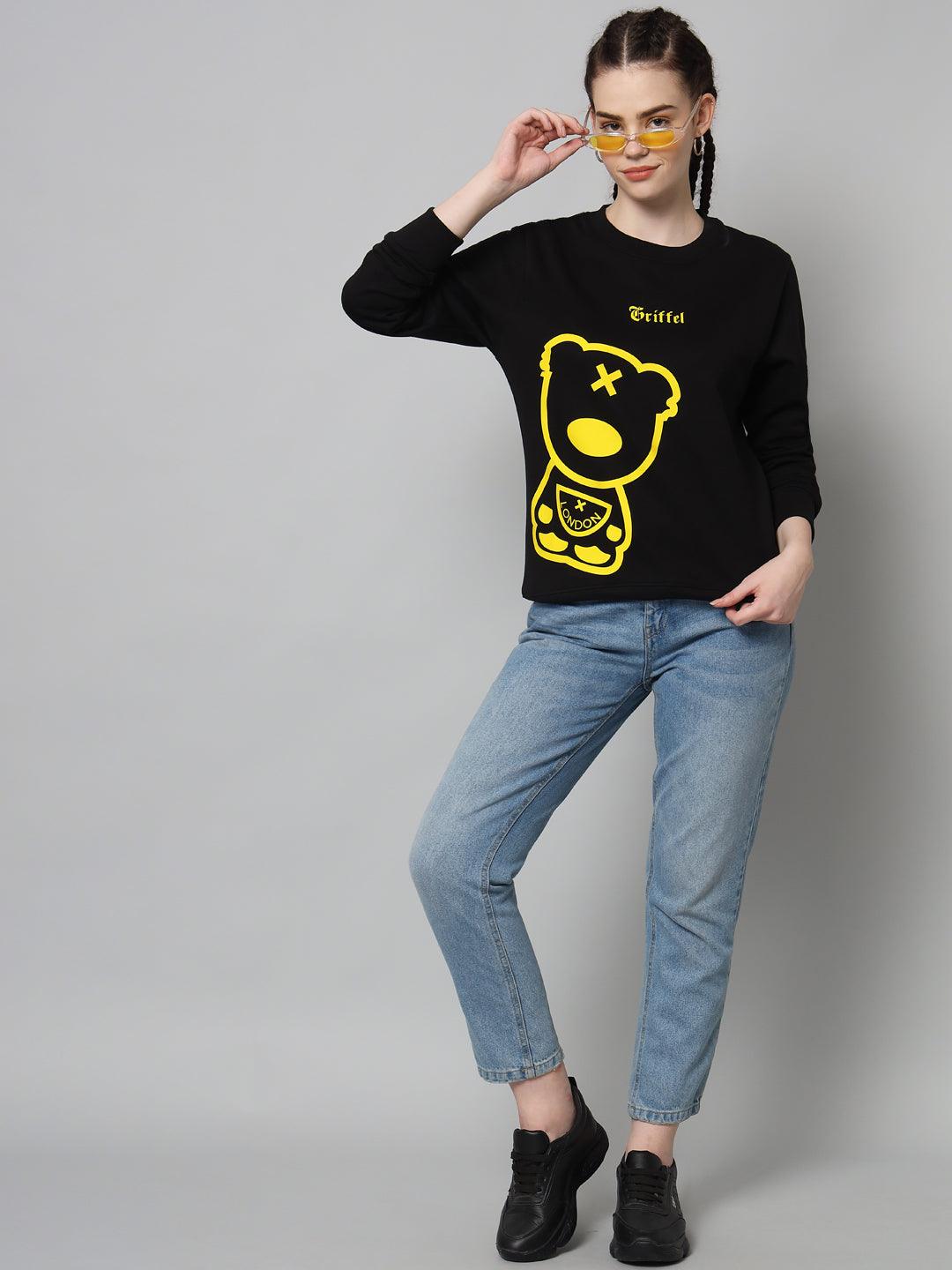 Griffel Women’s Teddy Print Round Neck Mustard Black Cotton Fleece Full Sleeve Sweatshirt - griffel