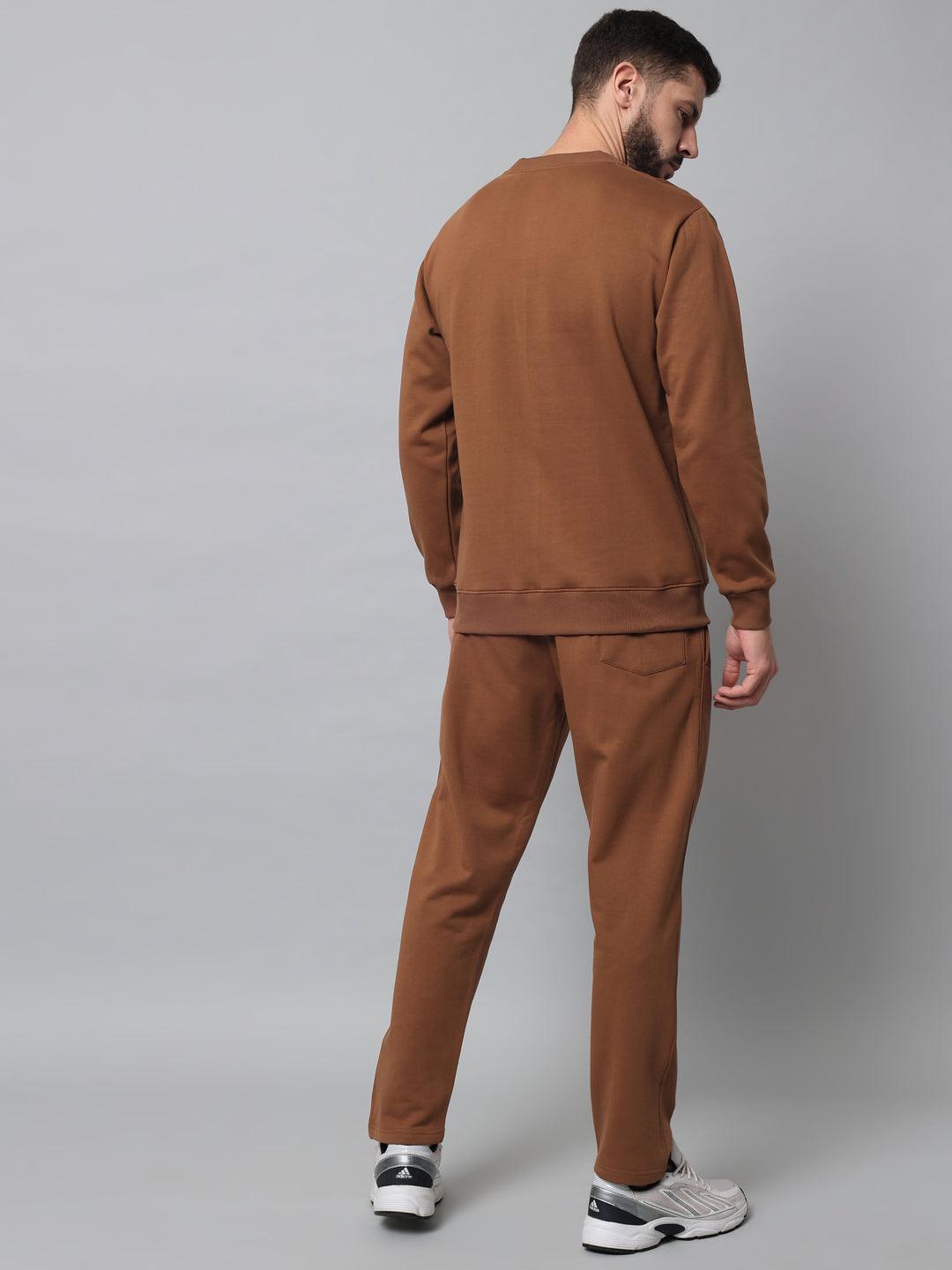 Griffel Men's Front Logo Solid Fleece Basic R-Neck Sweatshirt and Joggers Full set Brown Tracksuit - griffel