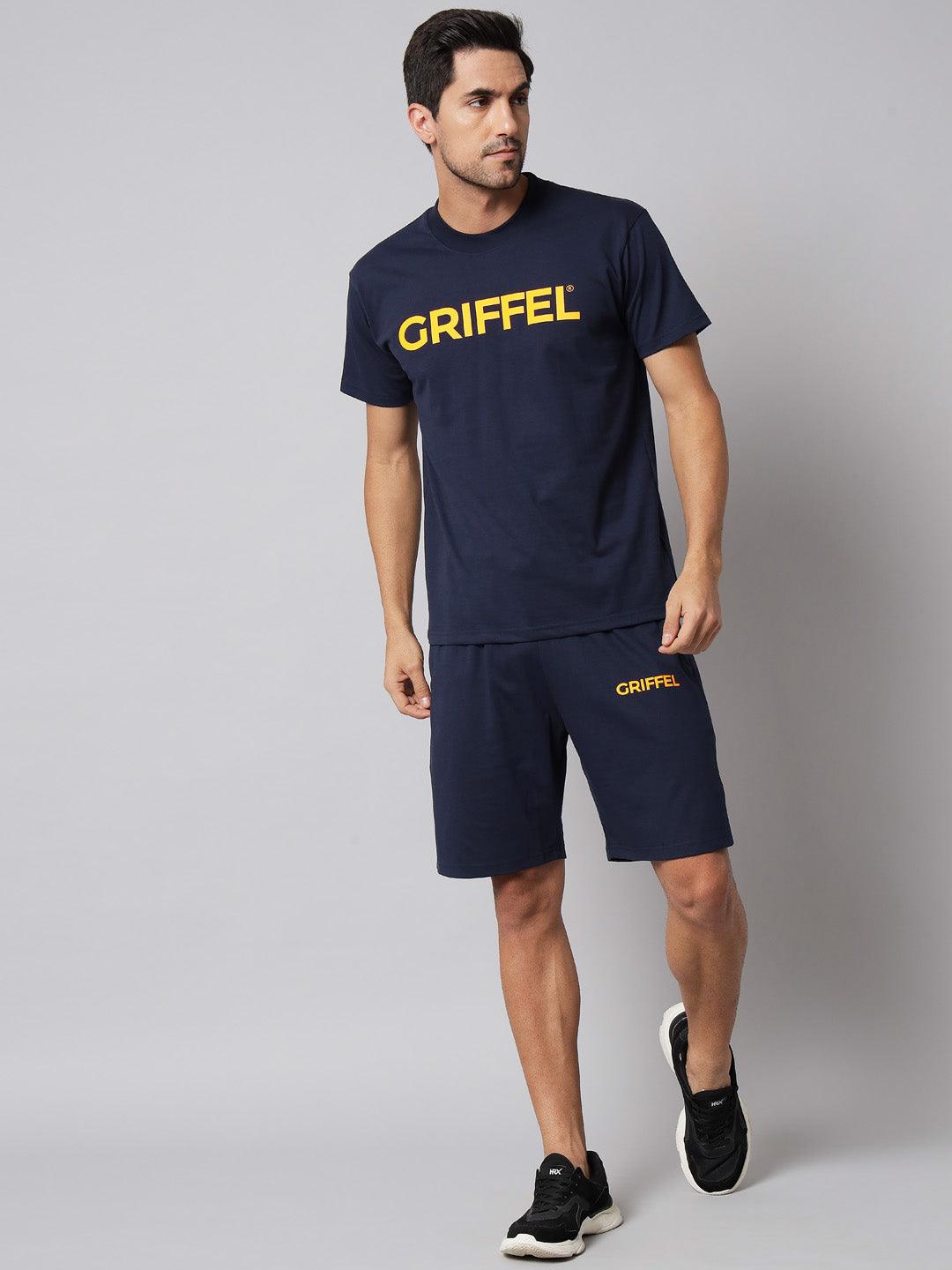 GRIFFEL Men Printed Navy Regular fit T-shirt and Short Set - griffel