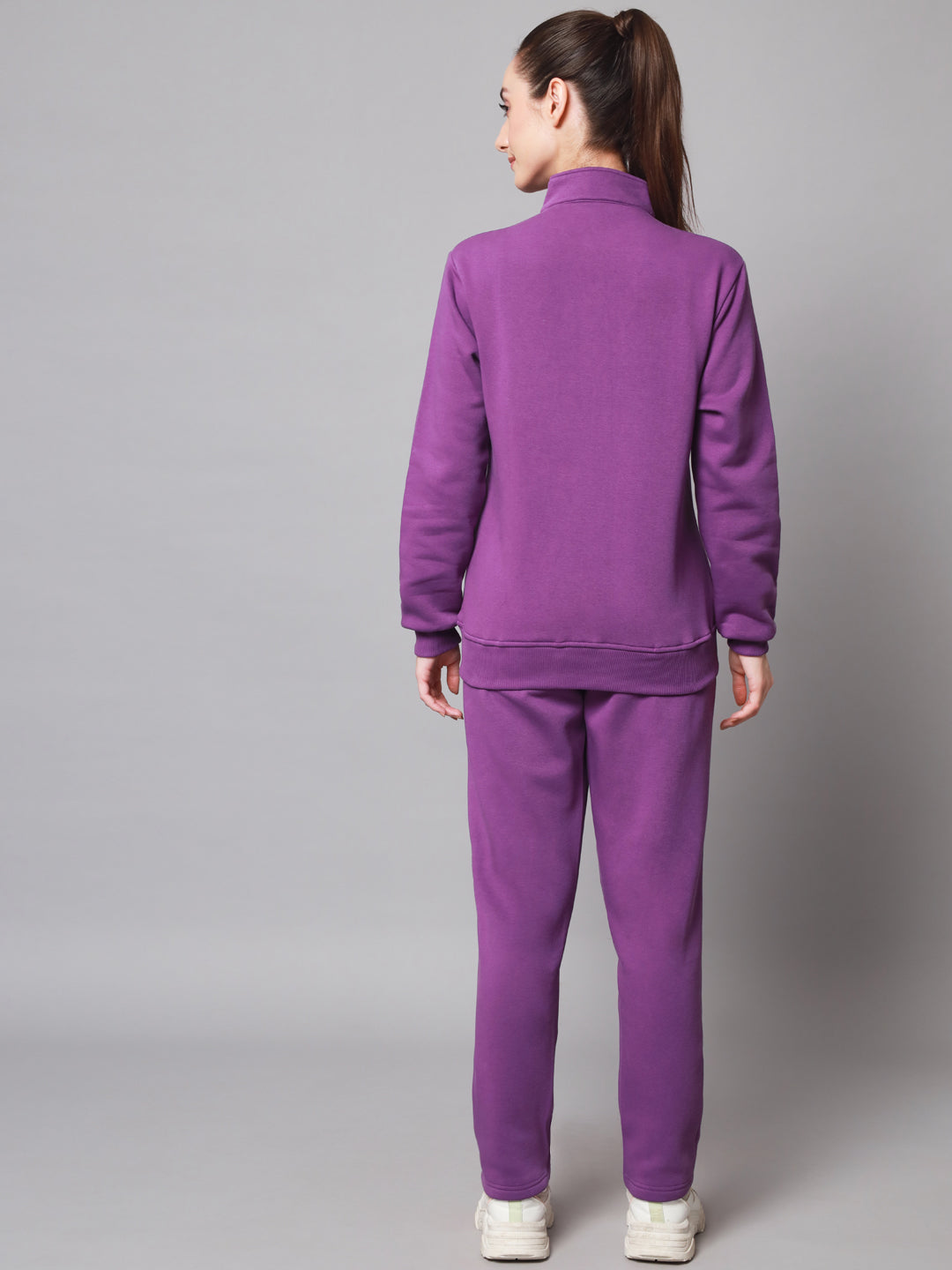 Griffel Women Solid Fleece Zipper Neck Sweatshirt and Joggers Full set Dark Purple Tracksuit - griffel