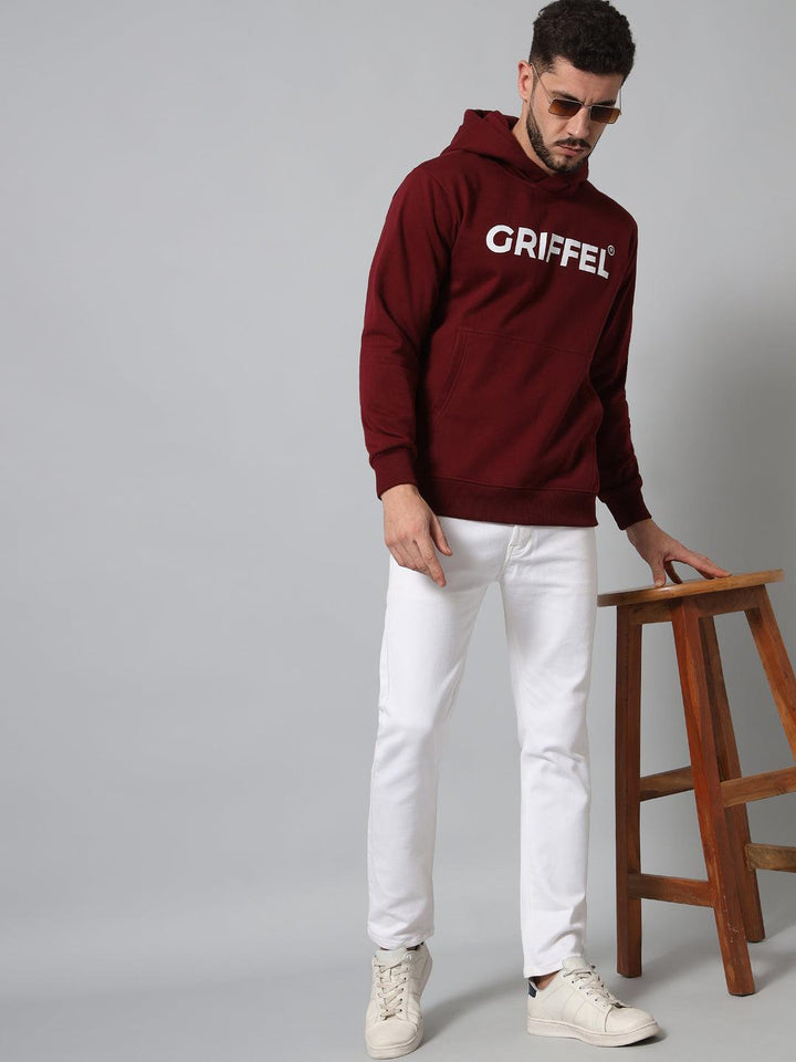 Griffel Men's Maroon Cotton Front Logo Fleece Hoody Sweatshirt with Full Sleeve - griffel