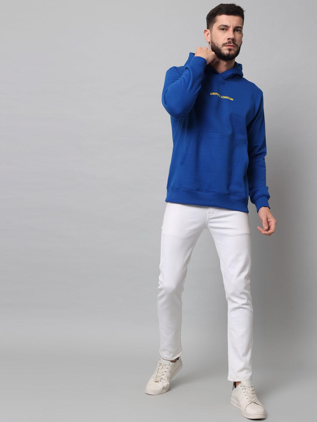 Griffel Men's Royal Cotton Front Logo Fleece Hoody Sweatshirt with Full Sleeve - griffel
