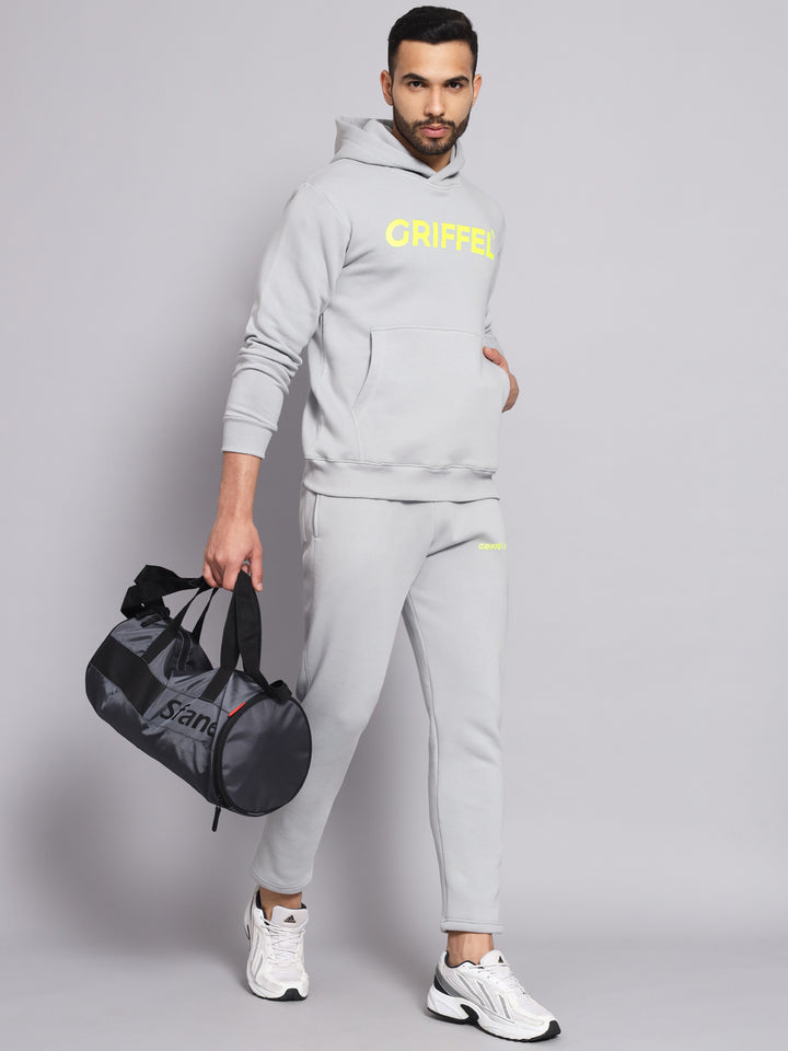 Griffel Men's Front Logo Solid Fleece Basic Hoodie and Joggers Full set Steel Grey Tracksuit - griffel
