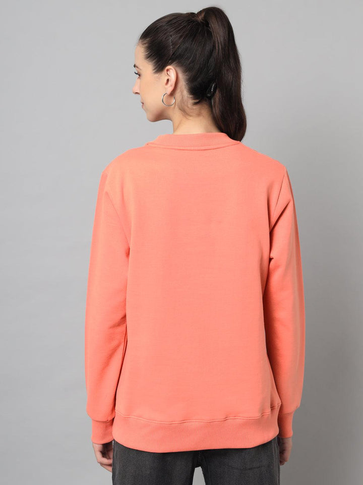 Griffel Women’s Printed Round Neck Peach Cotton Fleece Full Sleeve Sweatshirt - griffel