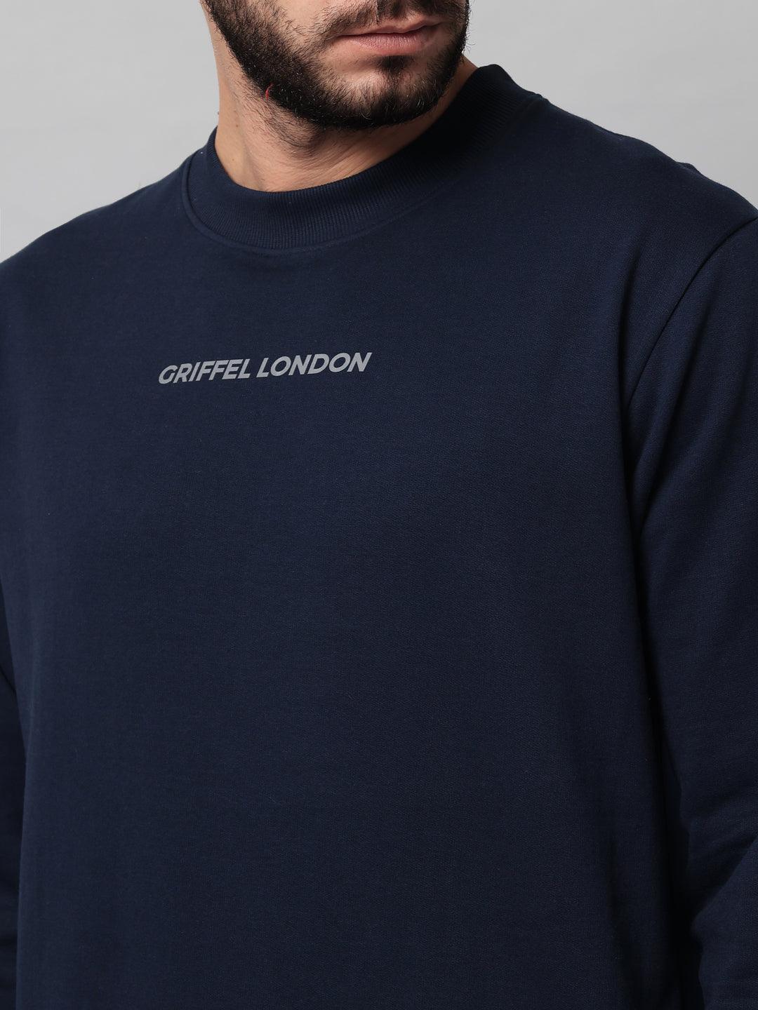 Griffel Men's Front Logo Solid Fleece Basic R-Neck Sweatshirt and Joggers Full set Navy Tracksuit - griffel