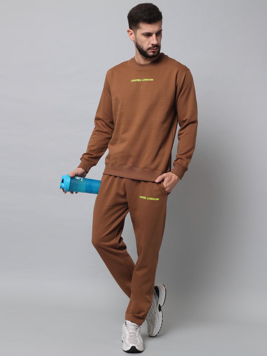 Griffel Men's Front Logo Solid Fleece Basic R-Neck Sweatshirt and Joggers Full set Brown Tracksuit - griffel