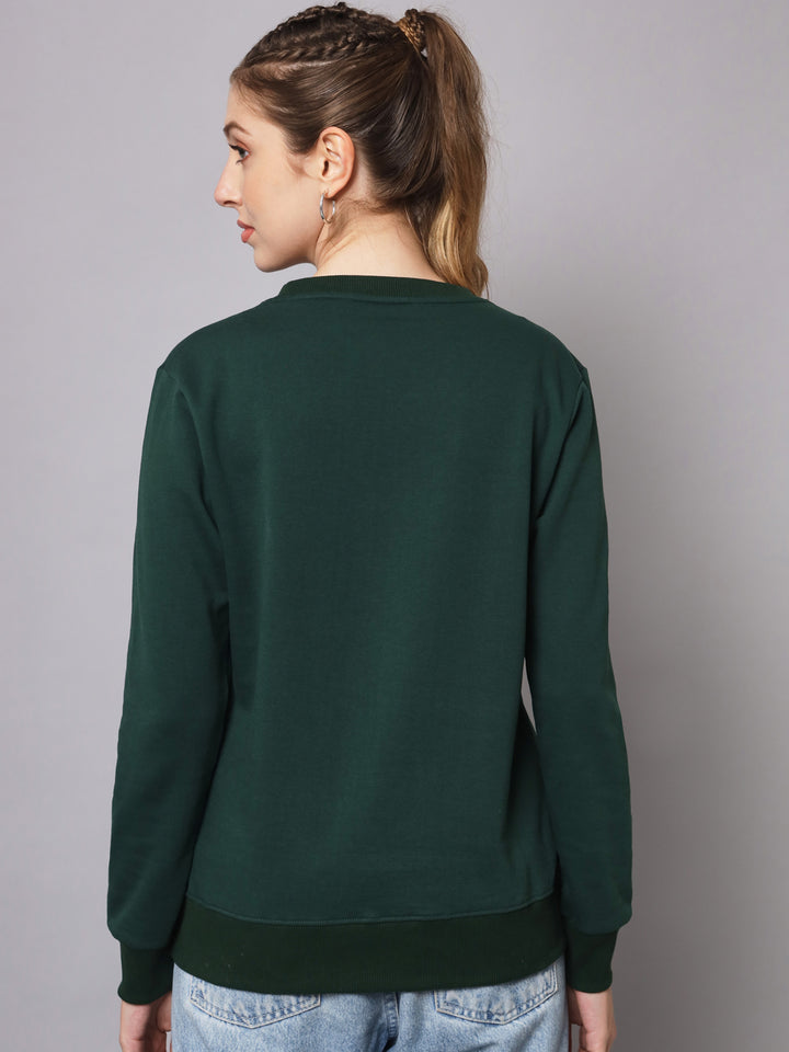 Griffel Women’s Printed Round Neck Bottle Green Cotton Fleece Full Sleeve Sweatshirt - griffel