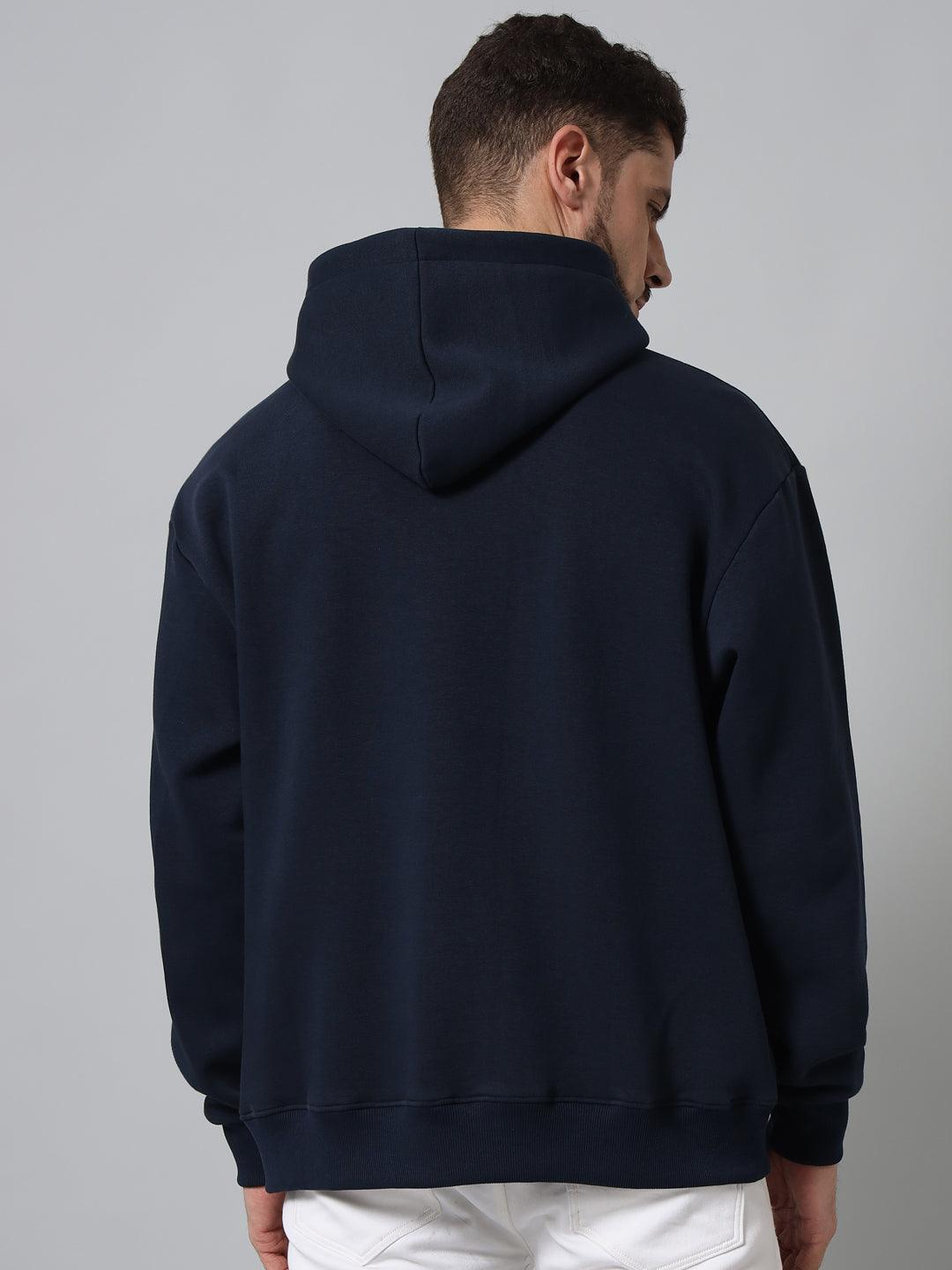 Griffel Men's Navy Cotton Front Logo Fleece Hoody Sweatshirt with Full Sleeve - griffel