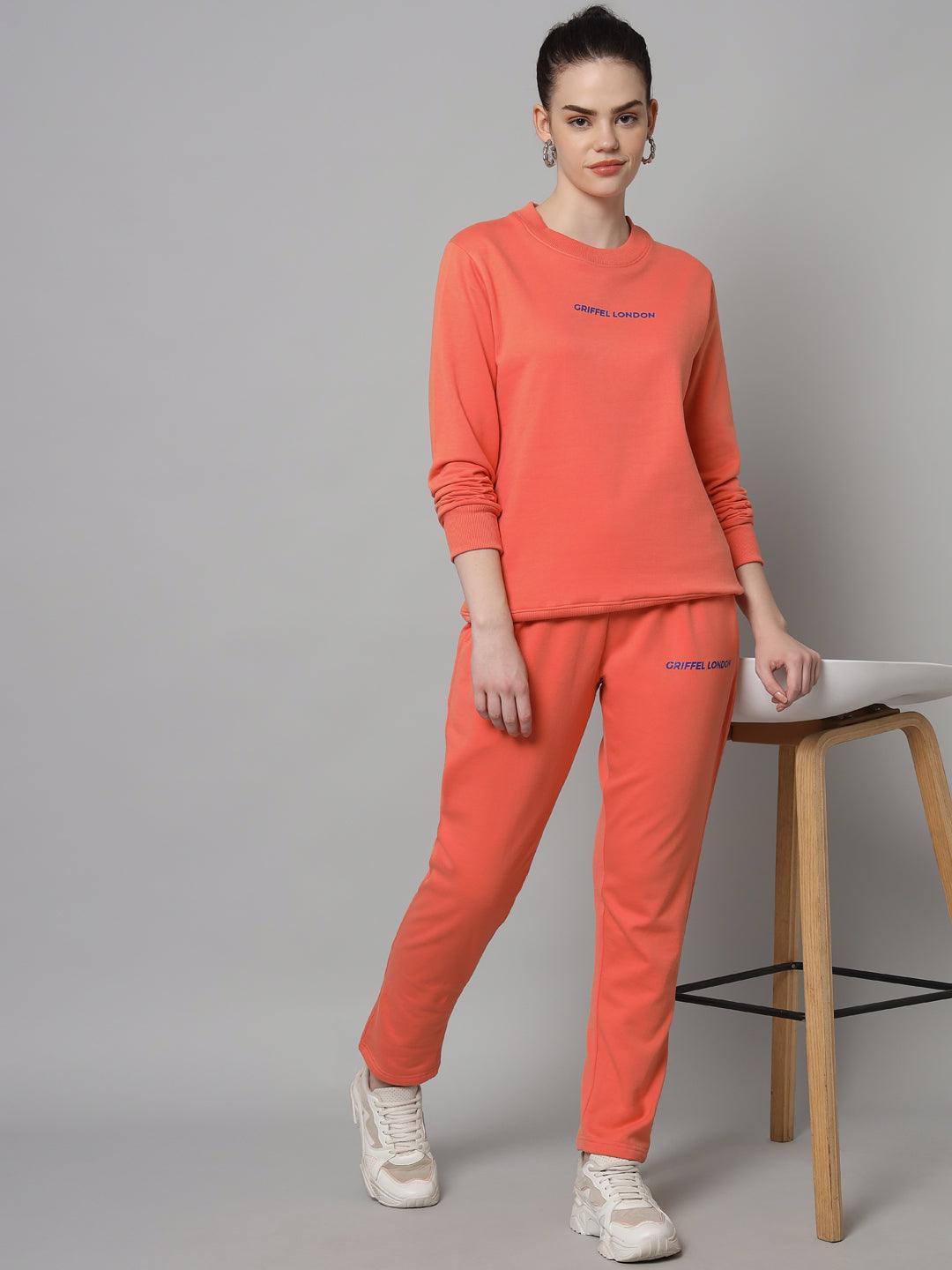 Griffel Women Solid Fleece Basic Round Neck Sweatshirt and Joggers Full set Peach Tracksuit - griffel