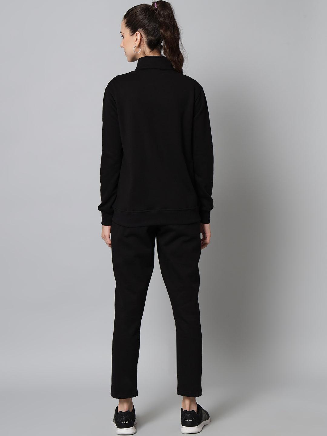 Griffel Women Solid Fleece Zipper Neck Sweatshirt and Joggers Full set Black Tracksuit - griffel