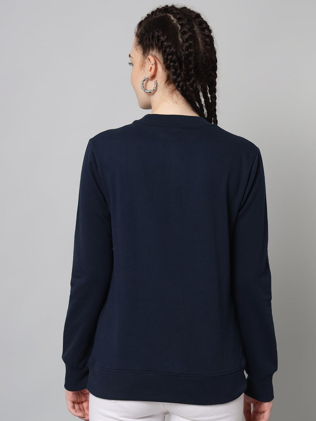Griffel Women’s Printed Round Neck Navy Cotton Fleece Full Sleeve Sweatshirt - griffel