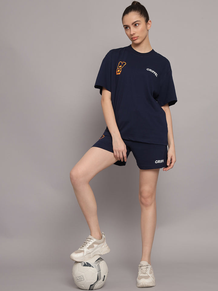 GRIFFEL Women Printed Loose fit Navy T-shirt and Short Set - griffel