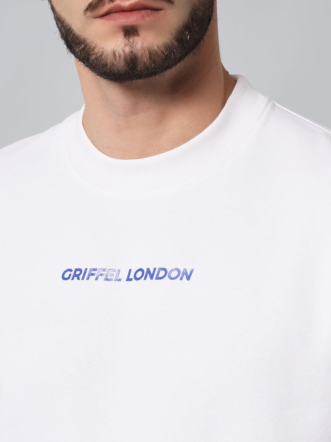 Griffel Men's Front Logo Solid Fleece Basic R-Neck and Joggers Full set White Tracksuit - griffel