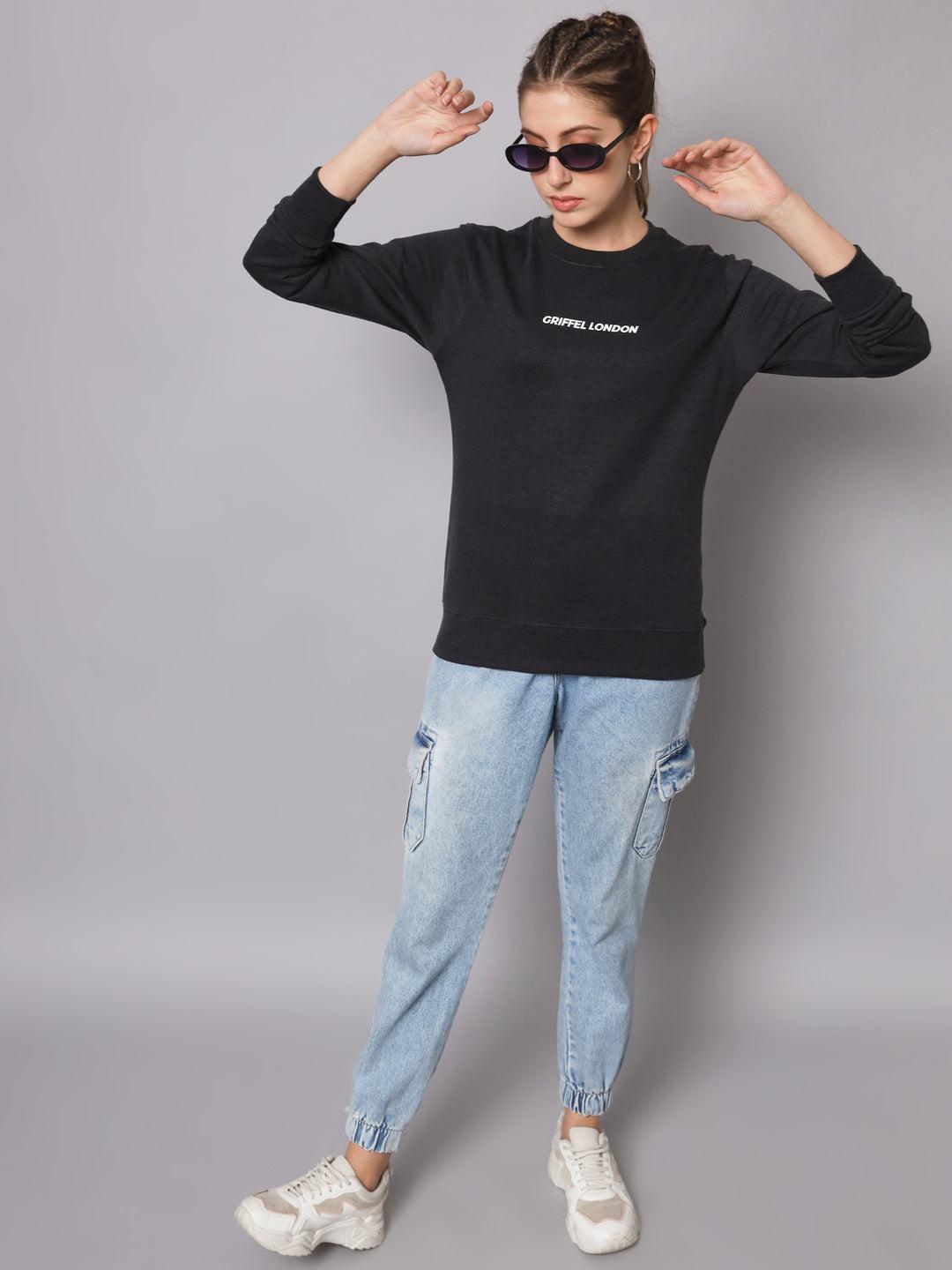 Griffel Women’s Printed Round Neck Anthra Cotton Fleece Full Sleeve Sweatshirt - griffel