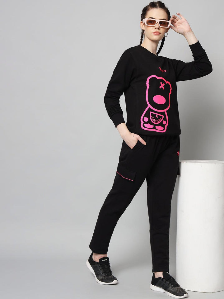 Griffel Women Teddy Print Fleece Round Neck and Joggers Full set Pink Black Tracksuit - griffel