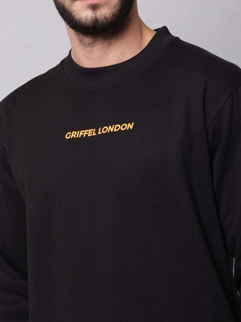 Griffel Men's Front Logo Solid Fleece Basic R-Neck Sweatshirt  and Joggers Full set Black Tracksuit - griffel