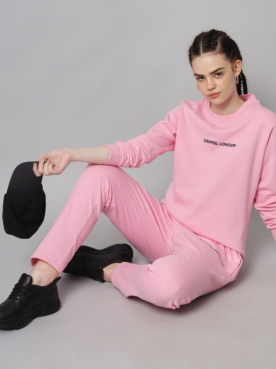 Griffel Women Solid Fleece Basic Round Neck Sweatshirt and Joggers Full set Pink Tracksuit - griffel