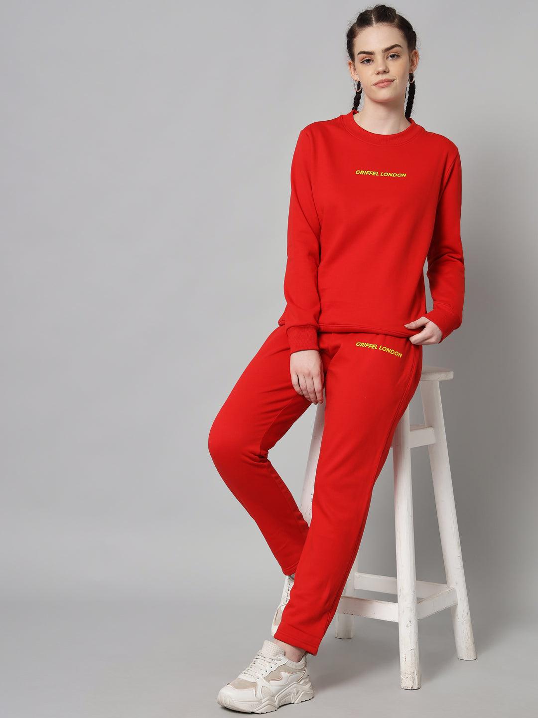 Griffel Women Solid Fleece Basic Round Neck Sweatshirt and Joggers Full set Red Tracksuit - griffel
