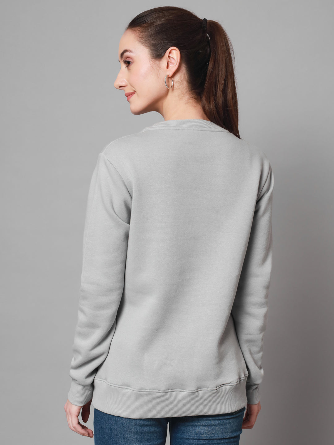 Griffel Women’s Printed Round Neck Steel Grey Cotton Fleece Full Sleeve Sweatshirt - griffel