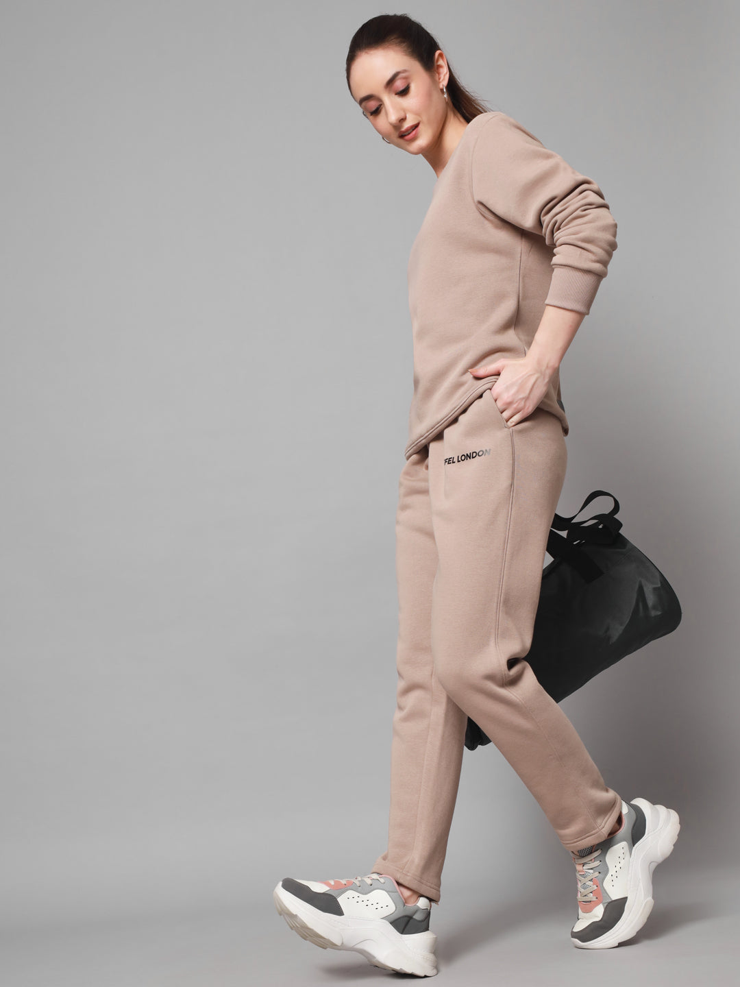 Griffel Women Solid Fleece Basic Round Neck Sweatshirt and Joggers Full set Camel Tracksuit - griffel
