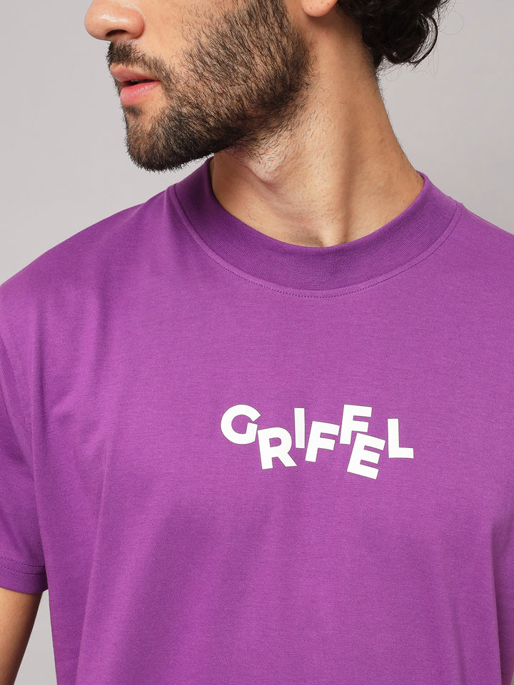 GRIFFEL Men Printed Dark Purple Loose fit T-shirt and Bell Bottom Trackpant Set - griffel