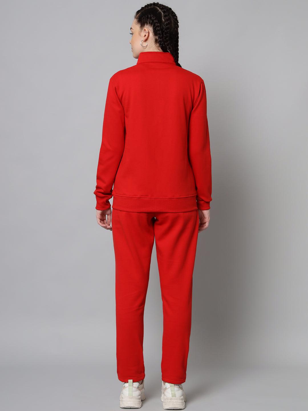 Griffel Women Solid Fleece Zipper Neck Sweatshirt and Joggers Full set Red Tracksuit - griffel