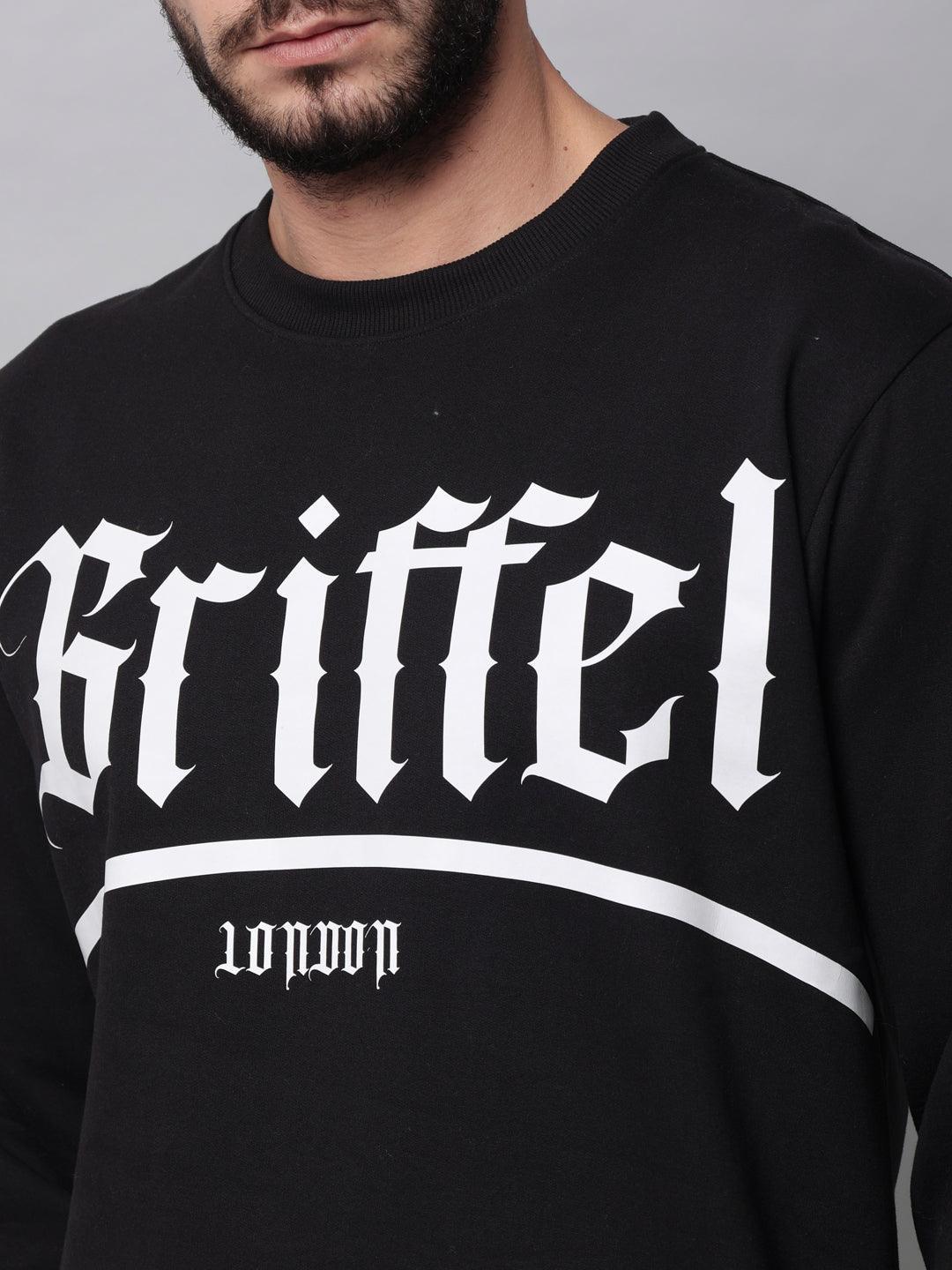 Griffel Men's Printed Solid Fleece Basic R-Neck Sweatshirt and Joggers Full set Black Tracksuit - griffel