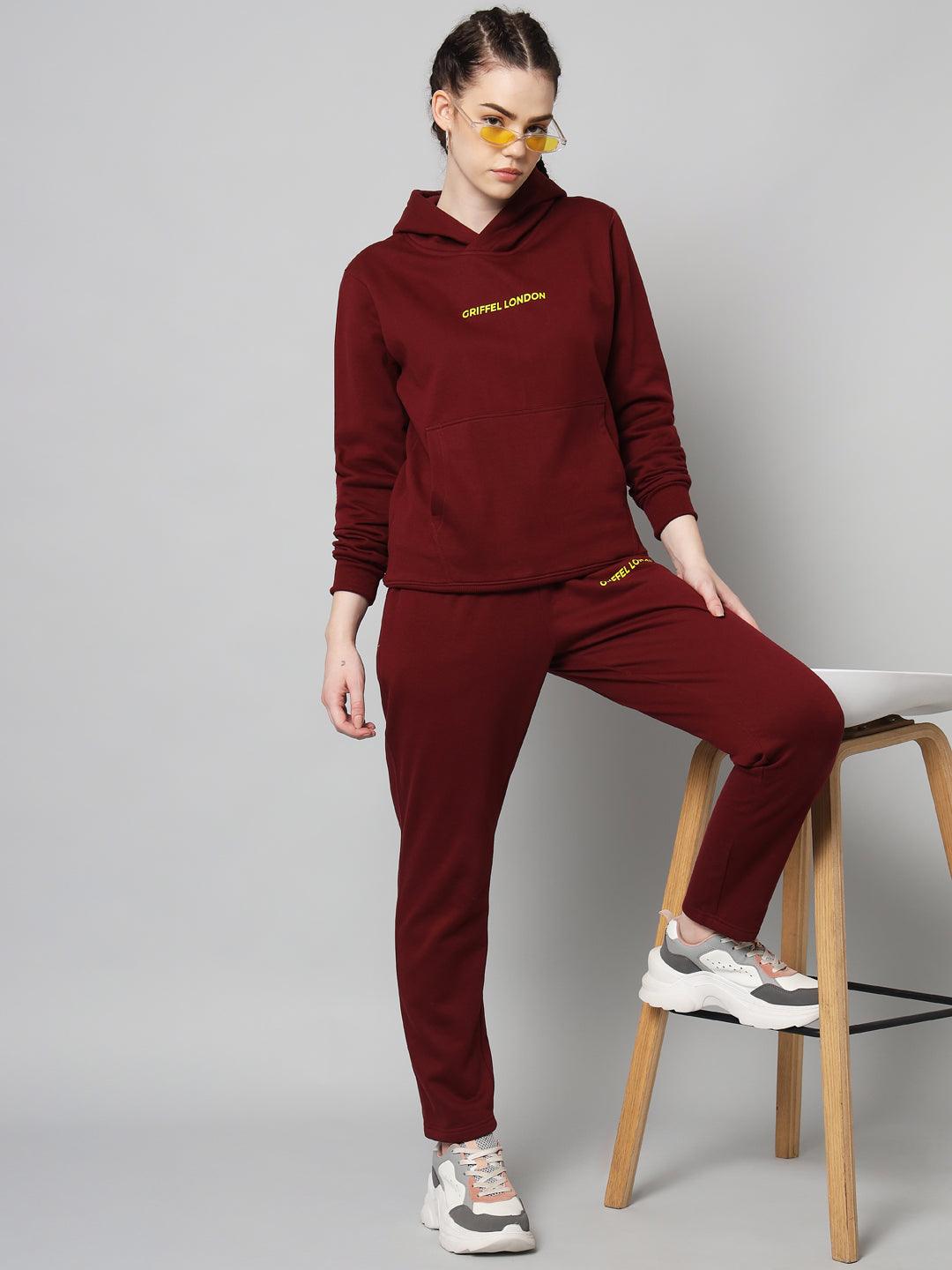 Griffel Women Solid Fleece Basic Hoodie and Joggers Full set Maroon Tracksuit - griffel