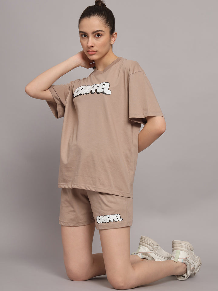 GRIFFEL Women Printed Oversized Loose fit Brown T-shirt and Short Set - griffel