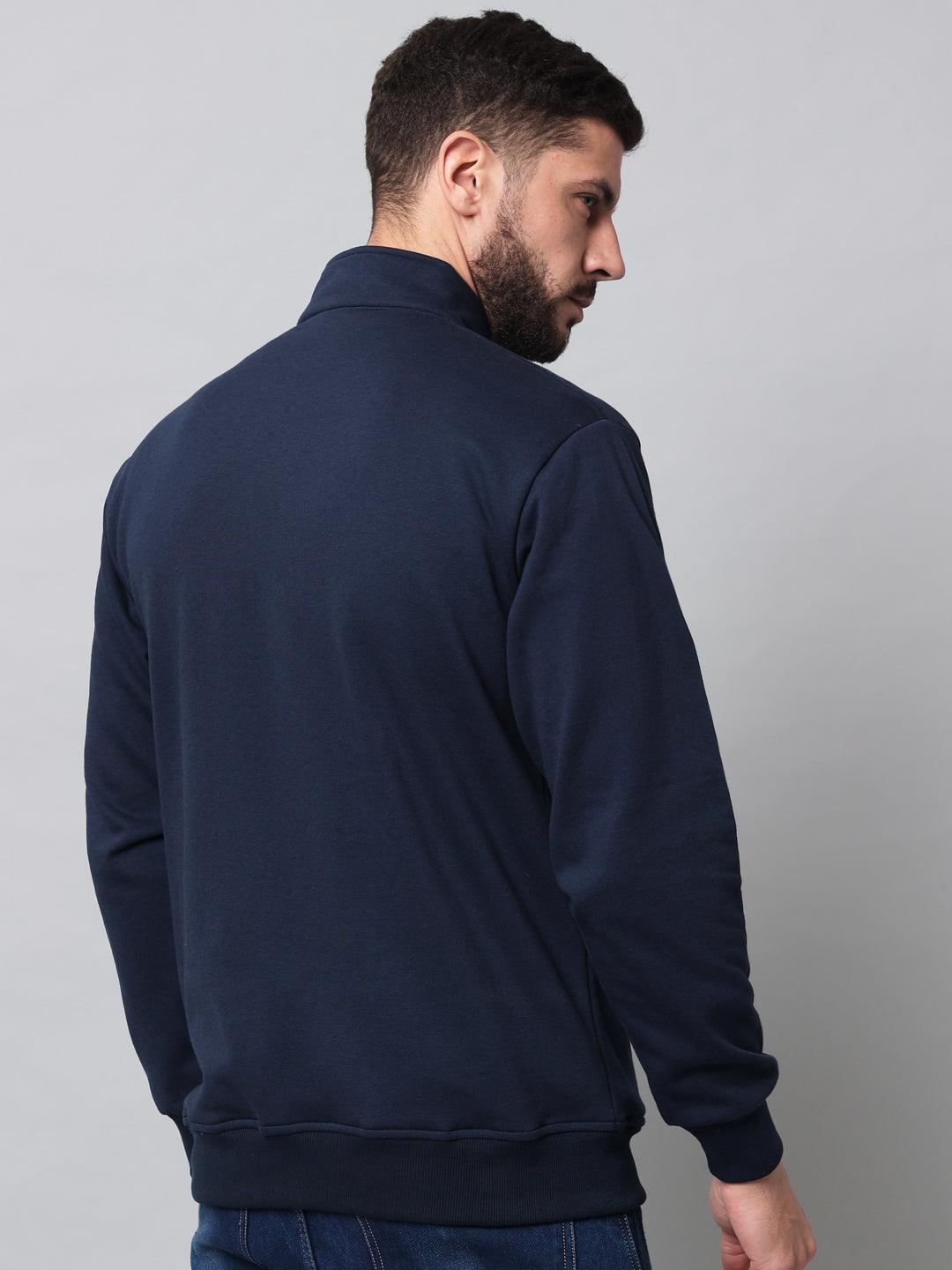 Griffel Men's Navy Cotton Fleece Zipper Sweatshirt with Long Sleeve and Front Logo Print - griffel