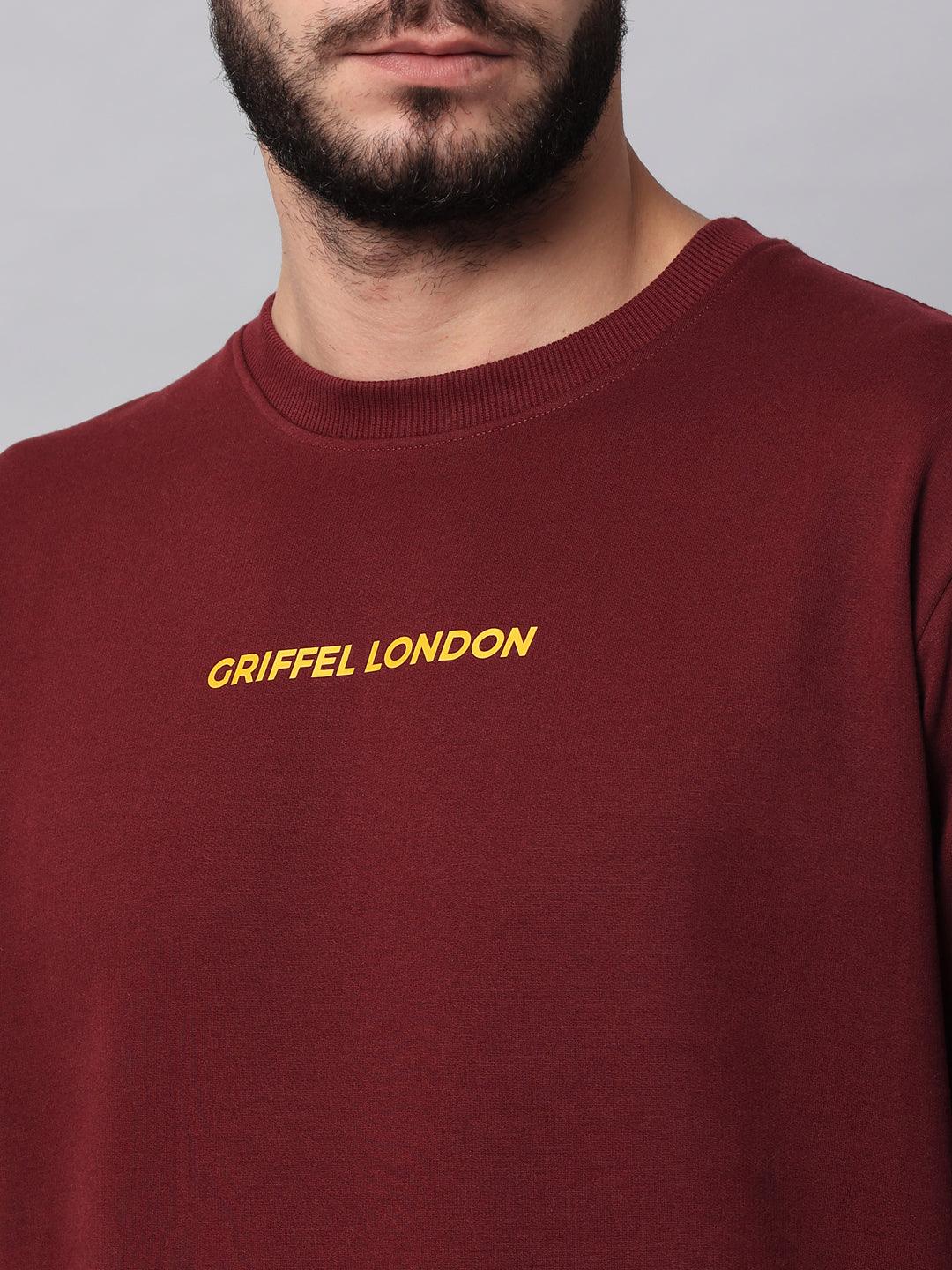 Griffel Men's Front Logo Solid Fleece Basic R-Neck Sweatshirt and Joggers Full set Maroon Tracksuit - griffel