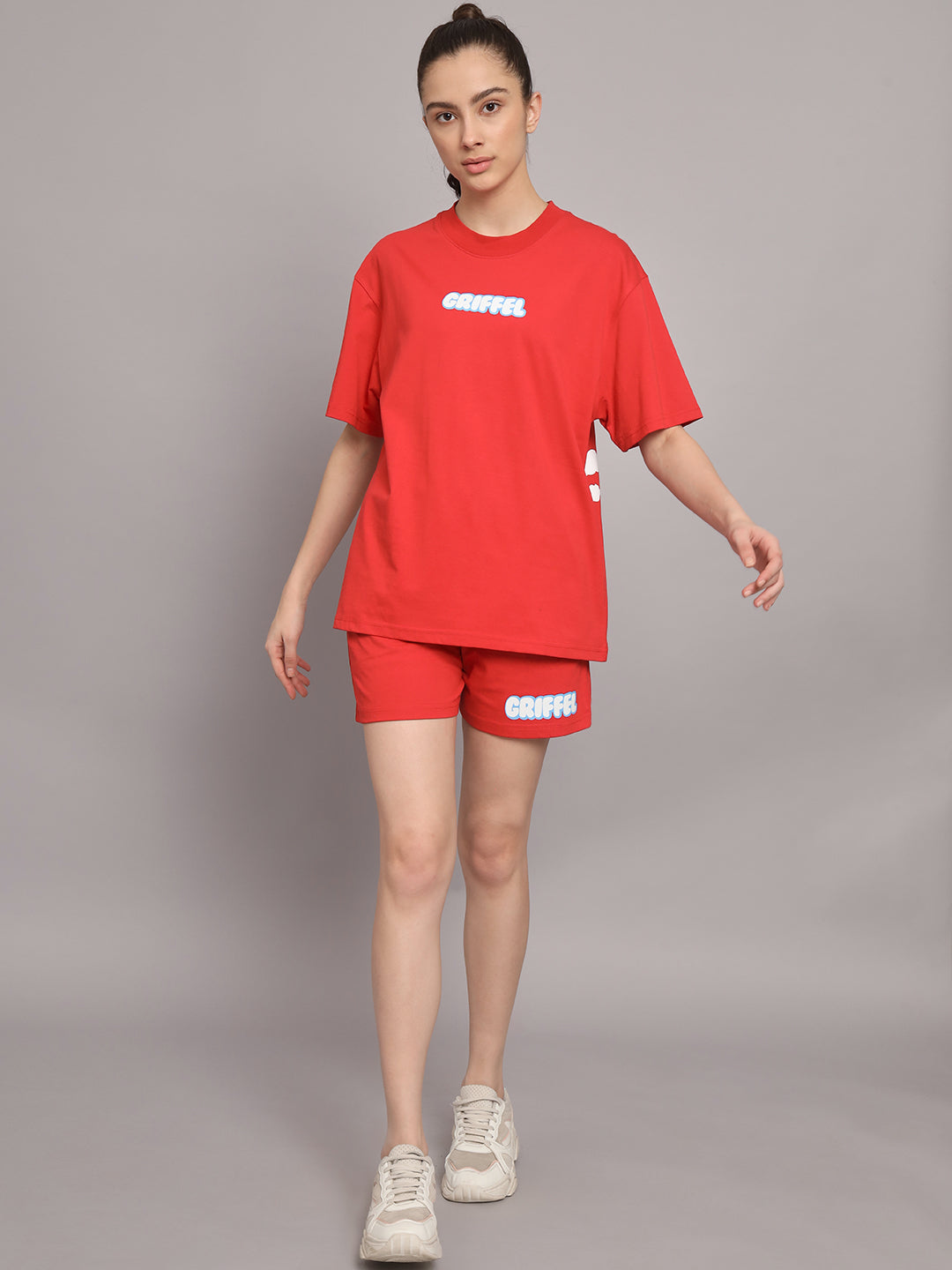 GRIFFEL Women Printed Loose fit Red T-shirt and Short Set - griffel