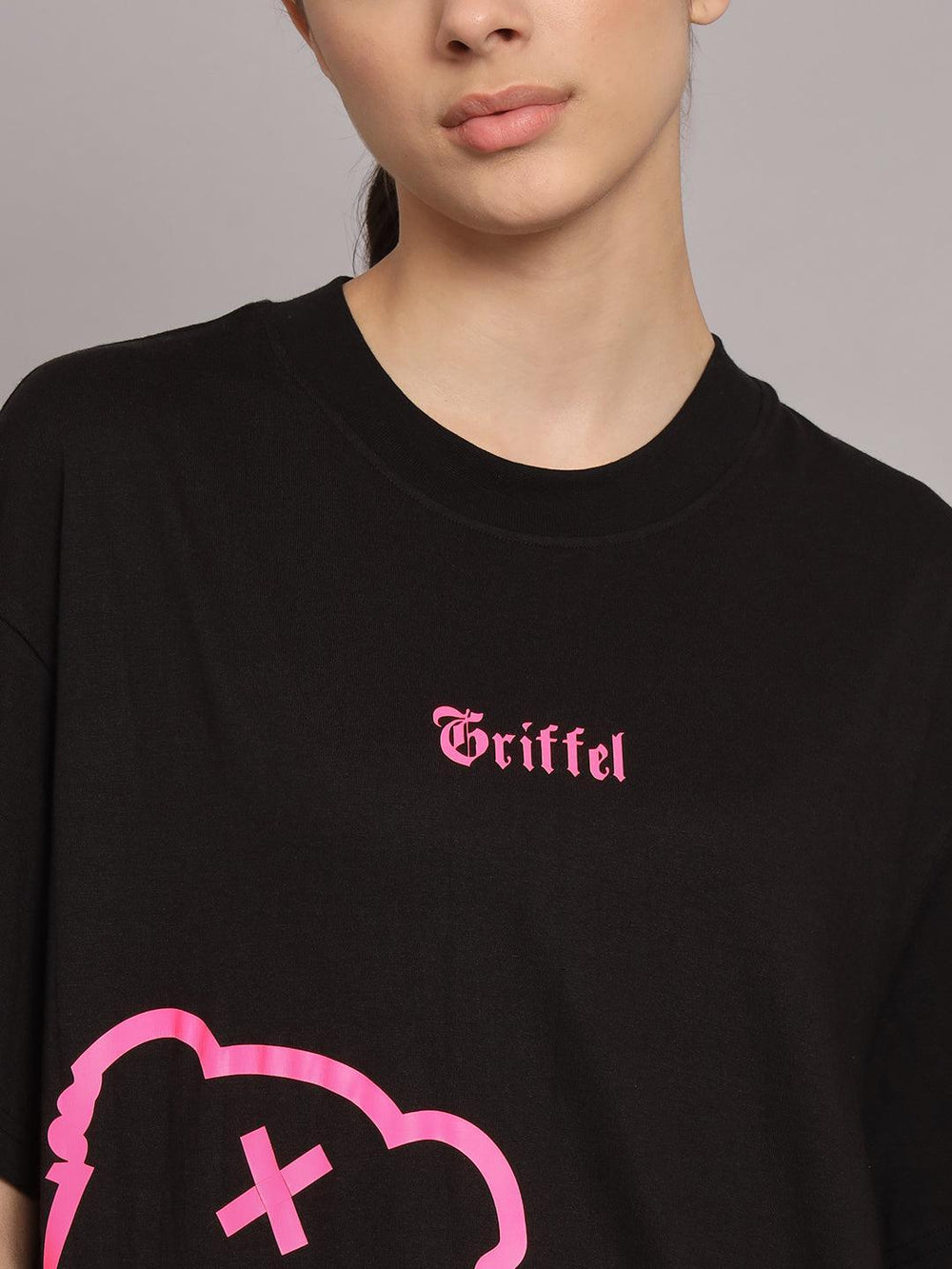 GRIFFEL Women Teddy Printed Loose fit Black T-shirt and Short Set - griffel