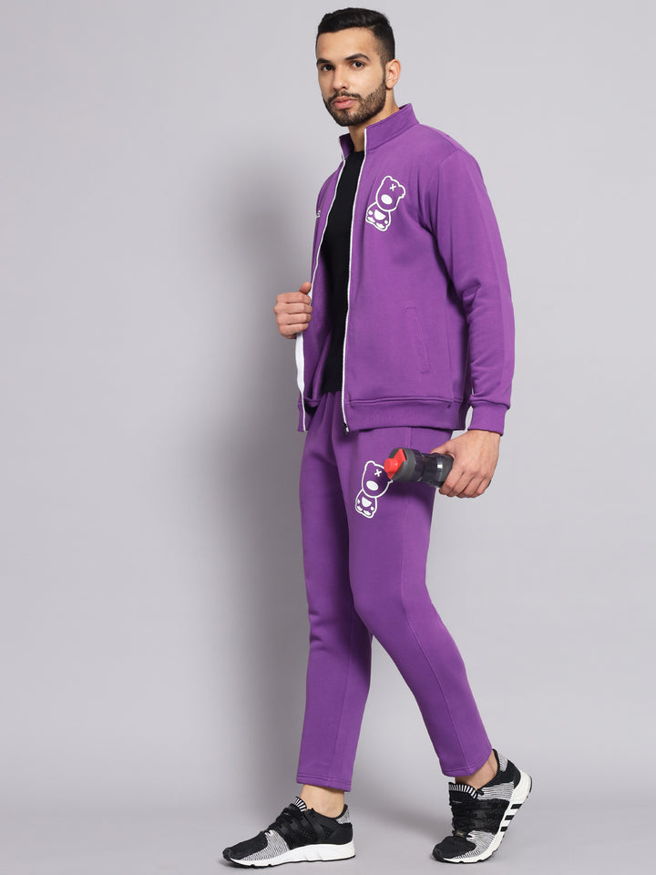 Griffel Men's Front Logo Print Fleece Zipper and Jogger Full set Dark Purple Tracksuit - griffel