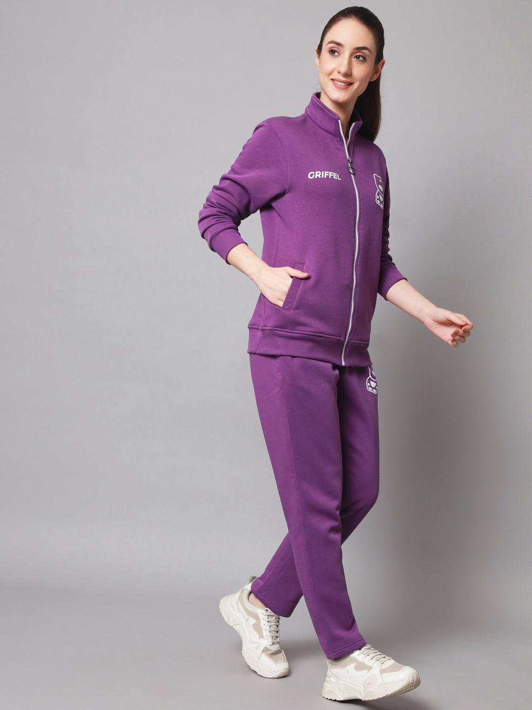 Griffel Women Solid Fleece Zipper Neck Sweatshirt and Joggers Full set Dark Purple Tracksuit - griffel