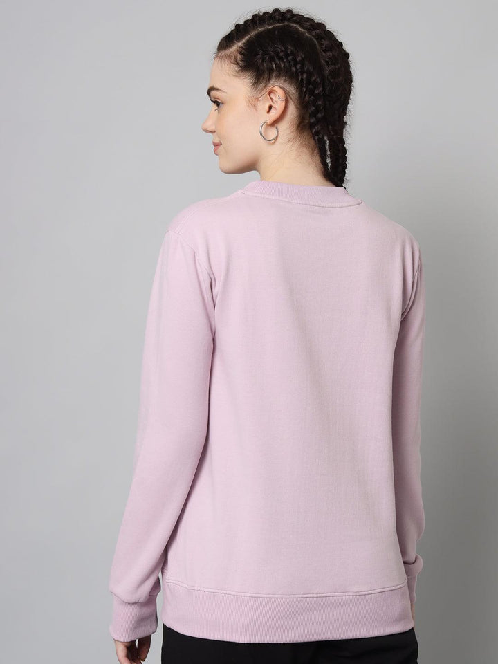 Griffel Women’s Printed Round Neck Light Purple Cotton Fleece Full Sleeve Sweatshirt - griffel