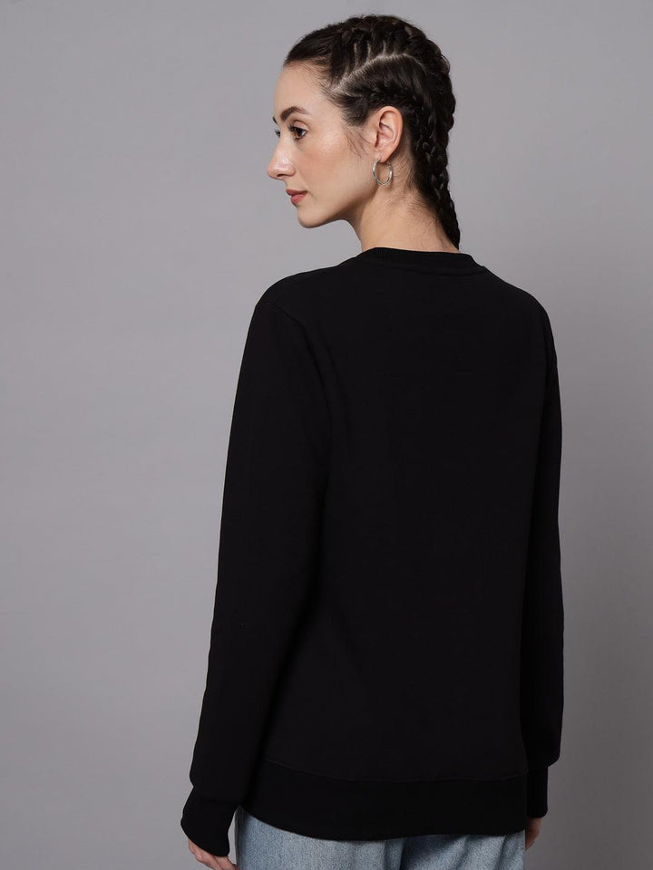 Griffel Women’s Printed Round Neck Black Cotton Fleece Full Sleeve Sweatshirt - griffel