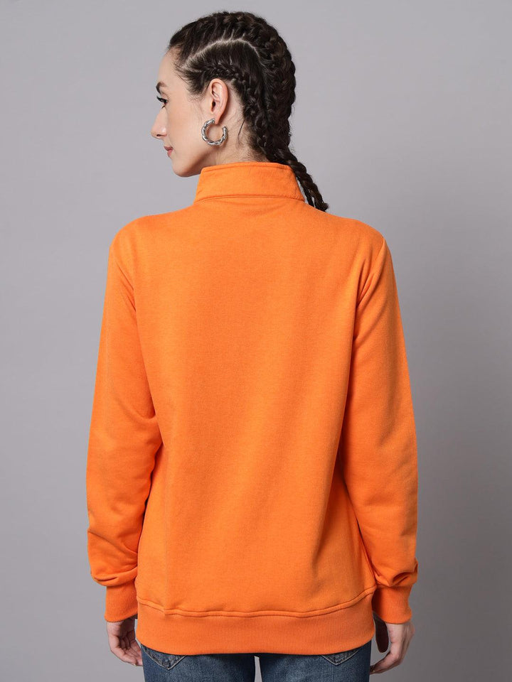 Griffel Women’s Cotton Fleece Full Sleeve Orange Zipper Color Blocked Sweatshirt - griffel