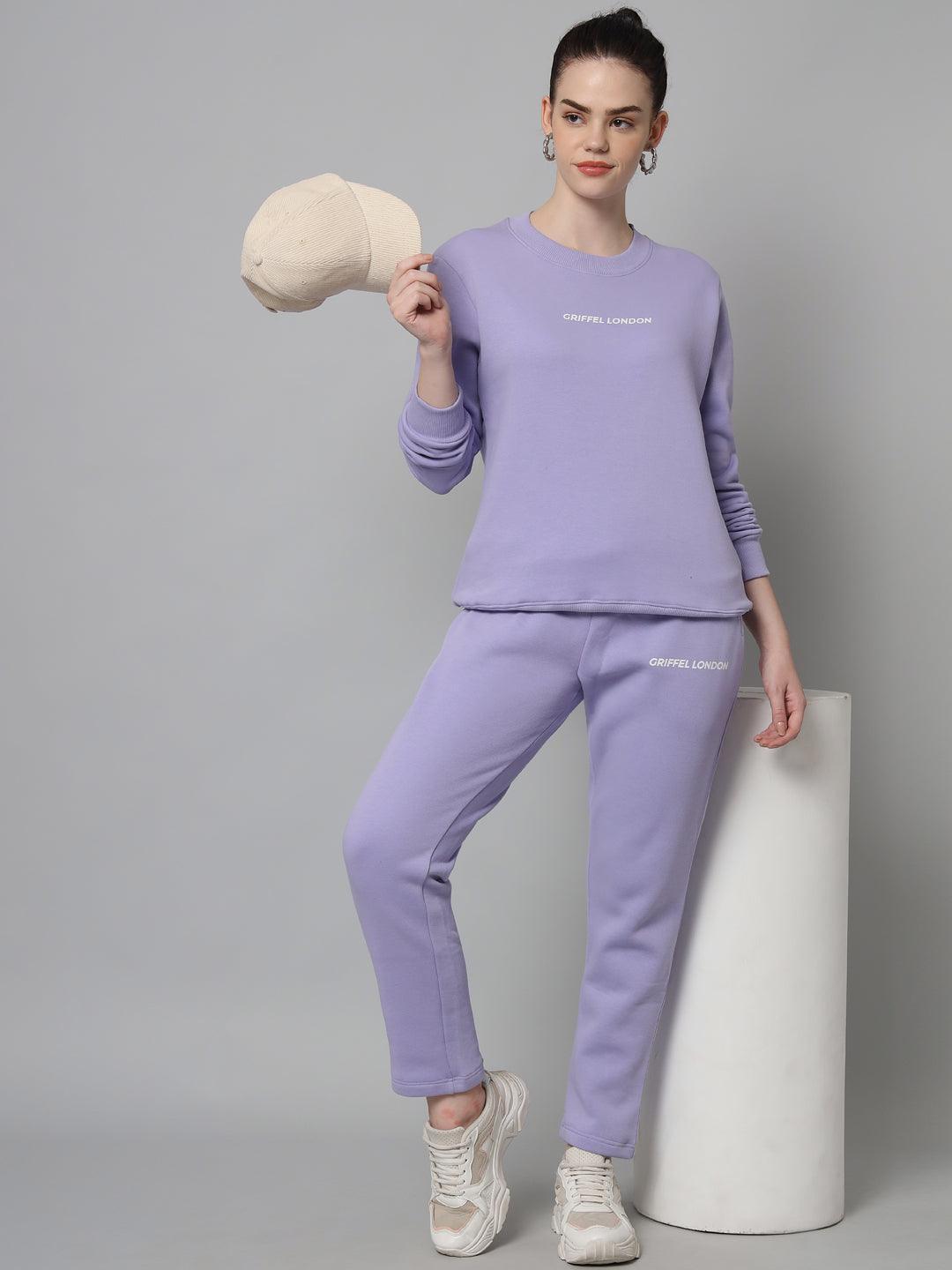 Griffel Women Solid Fleece Basic Round Neck Sweatshirt and Joggers Full set Mauve Tracksuit - griffel