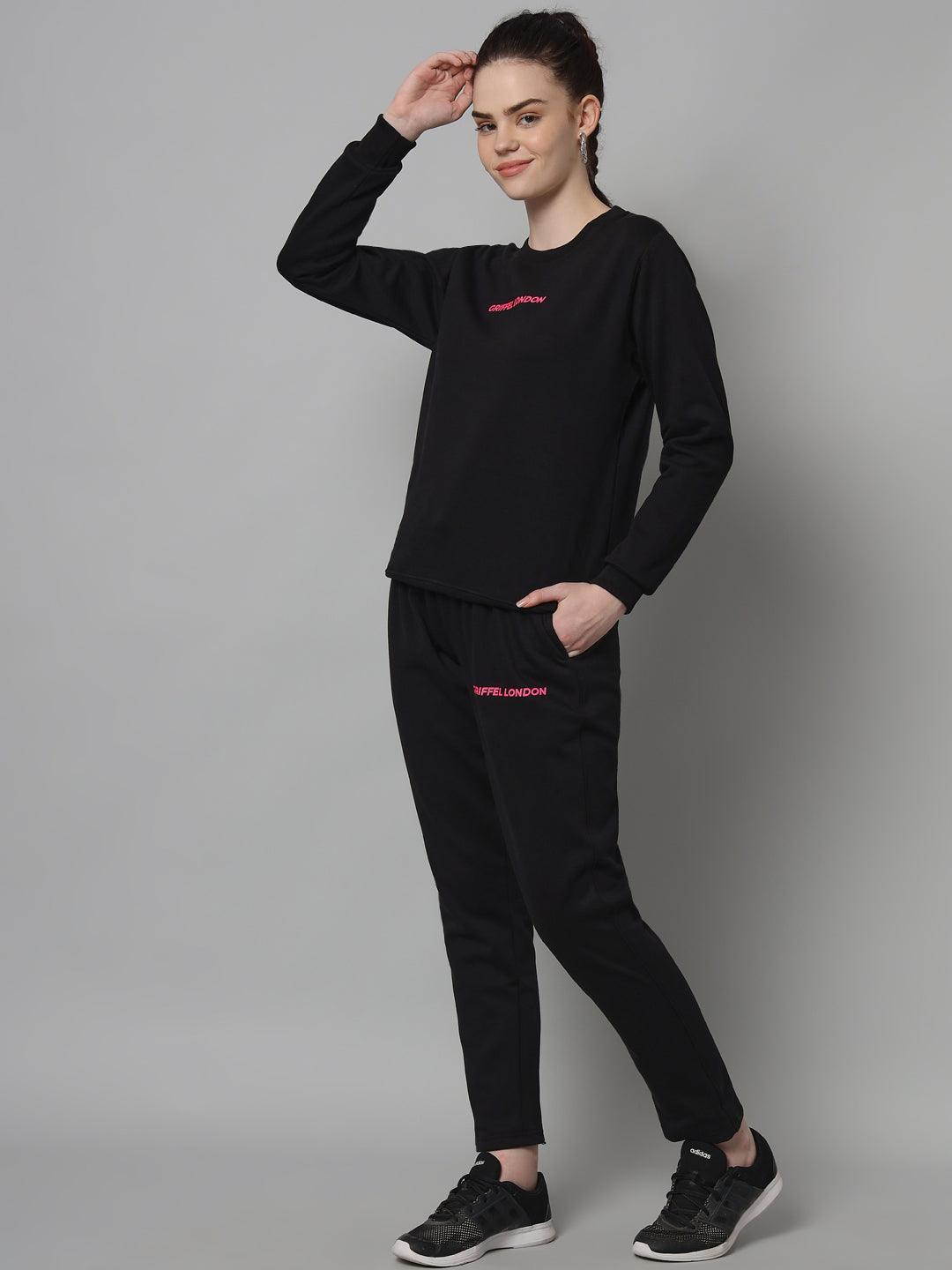 Griffel Women Solid Fleece Basic Round Neck and Joggers Full set Black Tracksuit - griffel