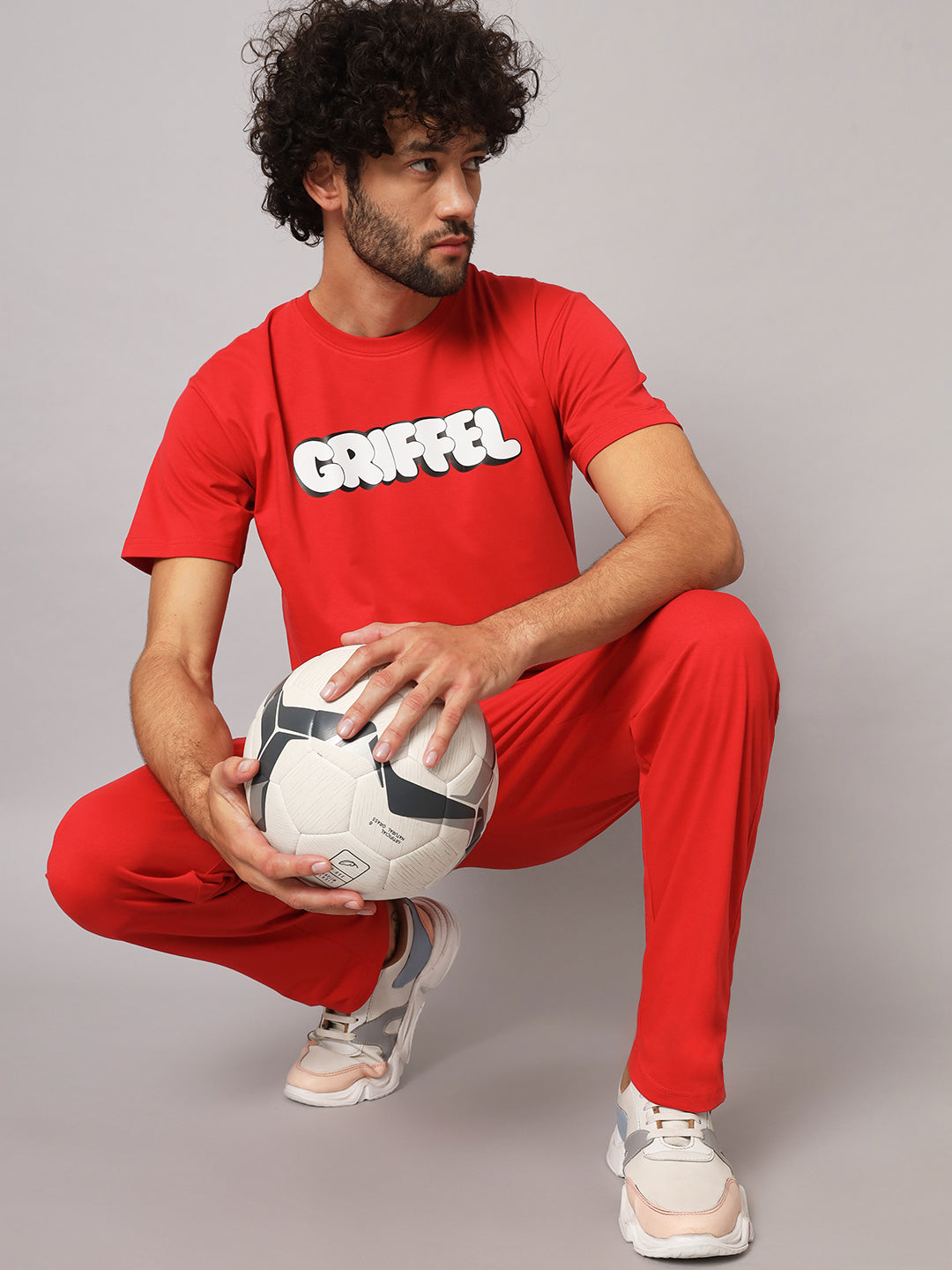 GRIFFEL Men Basic Solid Red Regular Fit T-shirt and Trackpant Set - griffel