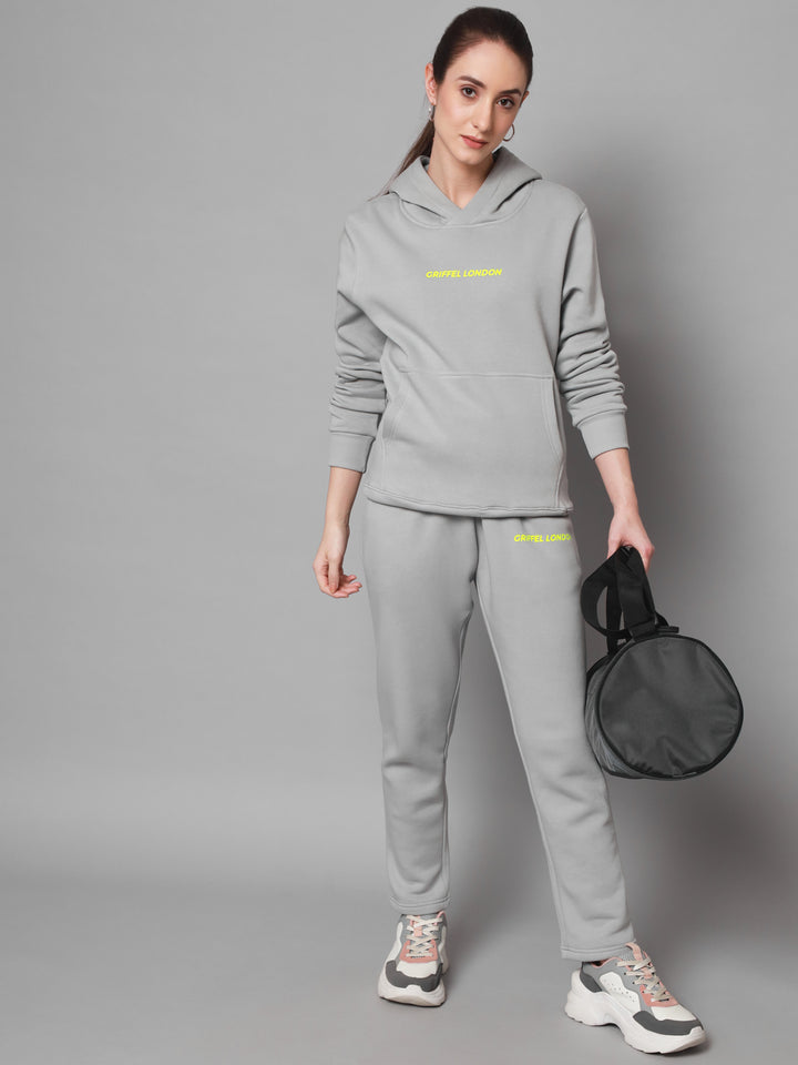 Griffel Women Solid Fleece Basic Hoodie and Joggers Full set Steel Grey Tracksuit - griffel