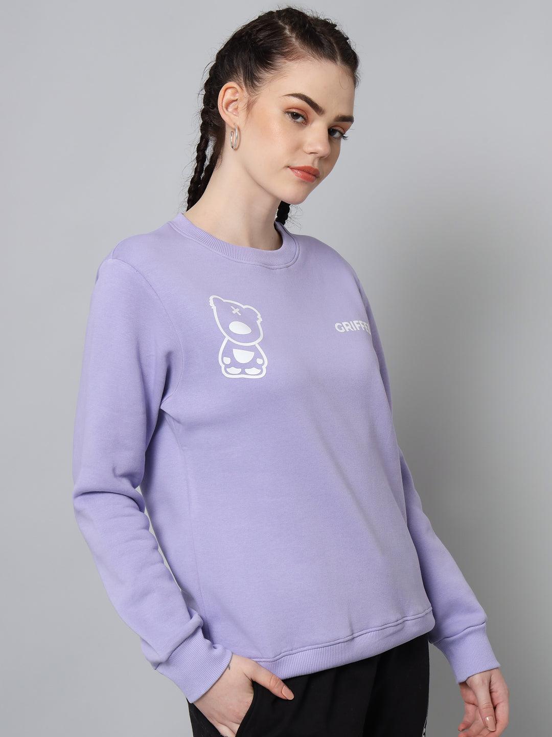 Griffel Women’s Teddy Print Round Neck White Mauve Cotton Fleece Full Sleeve Sweatshirt - griffel