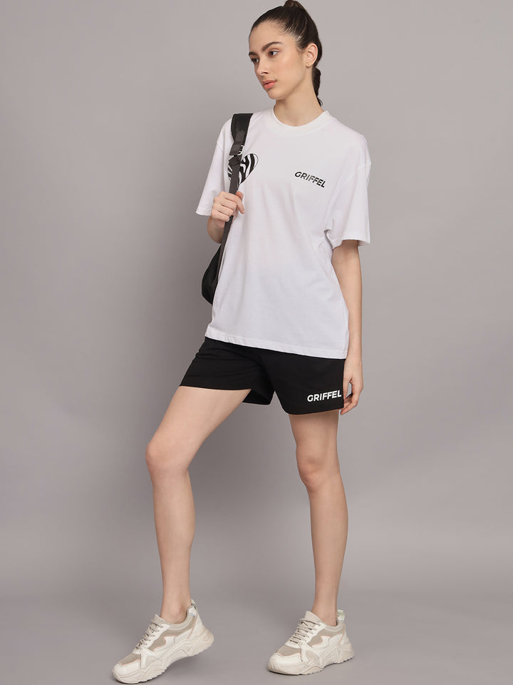 GRIFFEL Women Printed Loose fit White Black T-shirt and Short Set - griffel