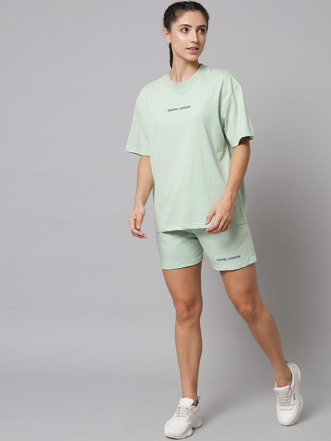 GRIFFEL Women Sea Green Printed Oversized Loose fit T-shirt and Short Set - griffel