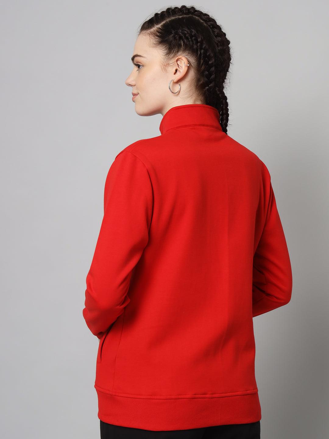 Griffel Women’s Cotton Fleece Full Sleeve Red Zipper Sweatshirt - griffel