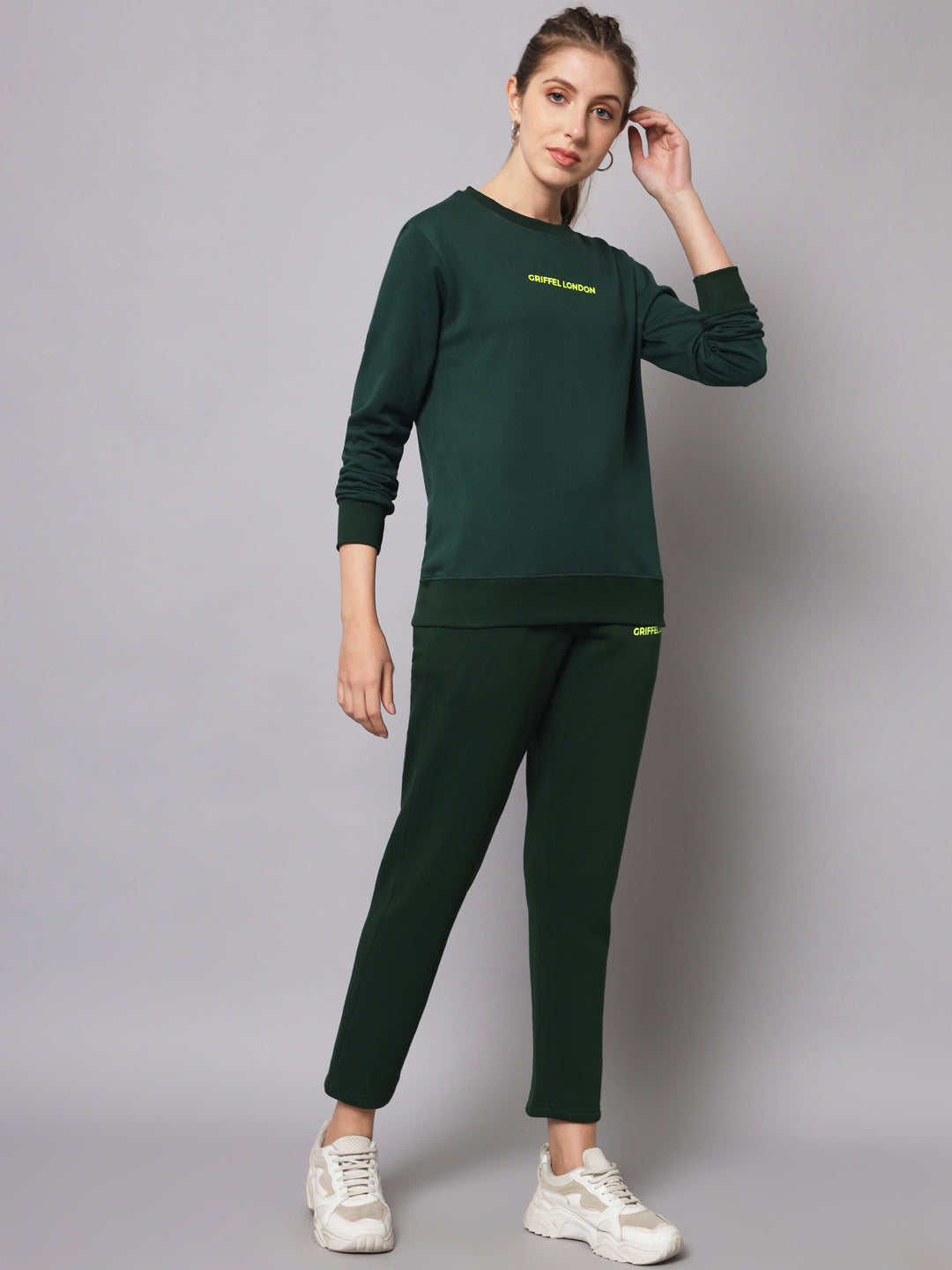 Griffel Women Solid Fleece Basic Round Neck Sweatshirt and Joggers Full set Bottle Green Tracksuit - griffel