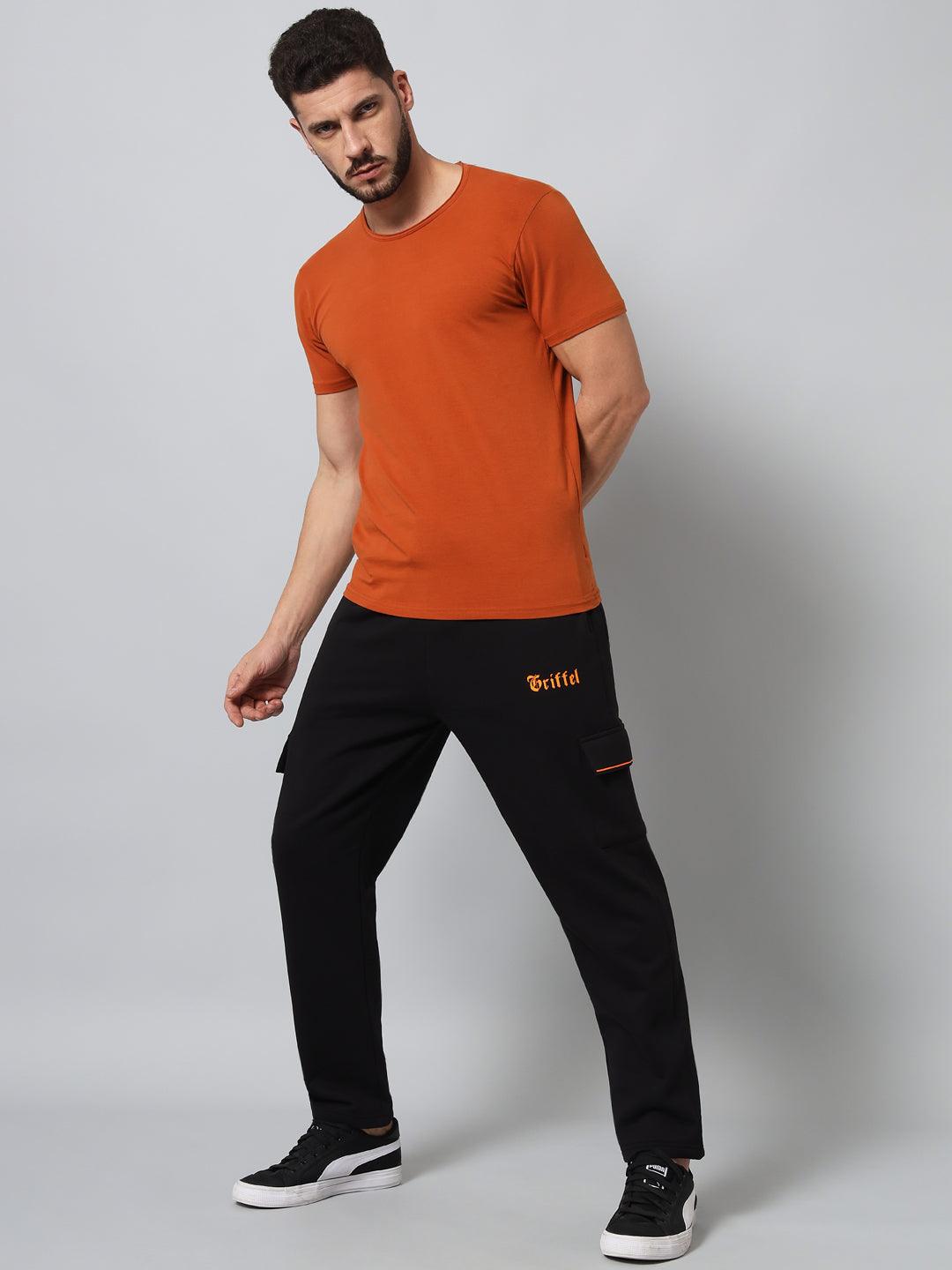 GRIFFEL Men Fleece 6 Pocket Front Logo Black Orange Trackpants - griffel
