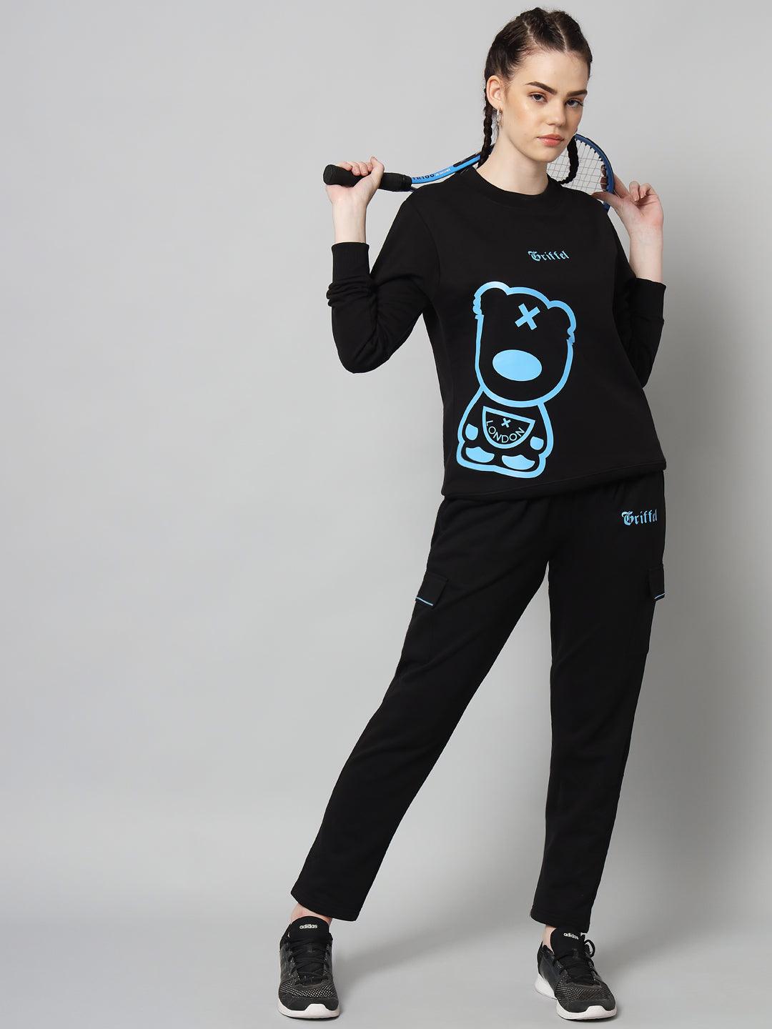 Griffel Women Teddy Print Fleece Round Neck and Joggers Full set Sky Black Tracksuit - griffel